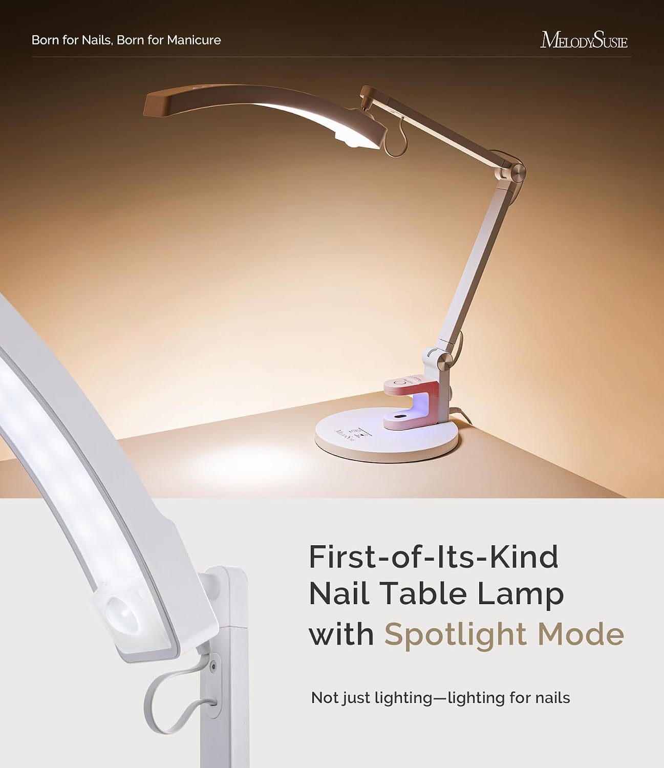 MelodySusie Multi-Functional Manicure Table Lamp S-Pro29G for Nail Techs | Professional Nail Desk Light with Magnetic UV Curing Lamp. Adjustable Arm. Dimmable Brightness & 3 Color Temps for Nail Art