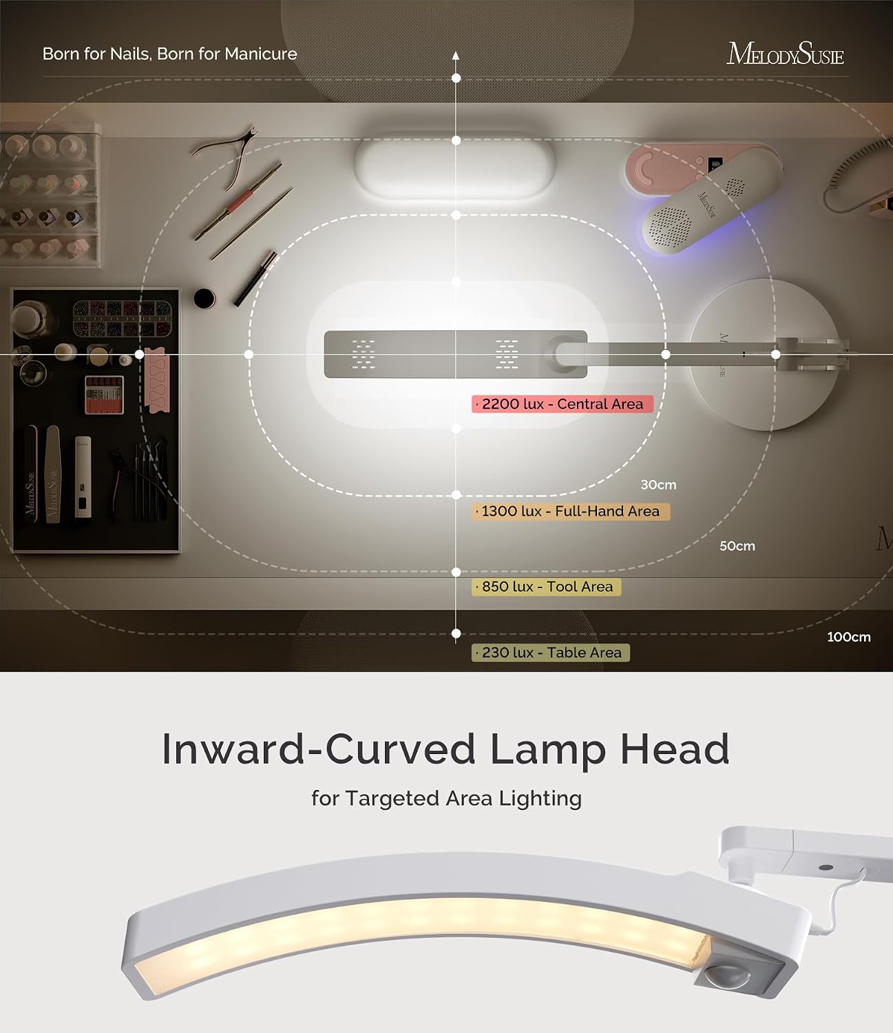 MelodySusie Multi-Functional Manicure Table Lamp S-Pro29G for Nail Techs | Professional Nail Desk Light with Magnetic UV Curing Lamp. Adjustable Arm. Dimmable Brightness & 3 Color Temps for Nail Art