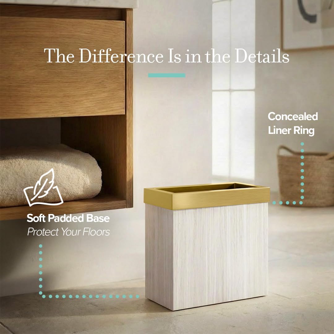 Gatco Modern Rectangle Wastebasket. White Oak/Brushed Brass Lid - Stainless Steel Trash Can with Removable Lid. Leakproof. 3 Gallon Capacity for Bathroom. Bedroom. Kitchen. or Office