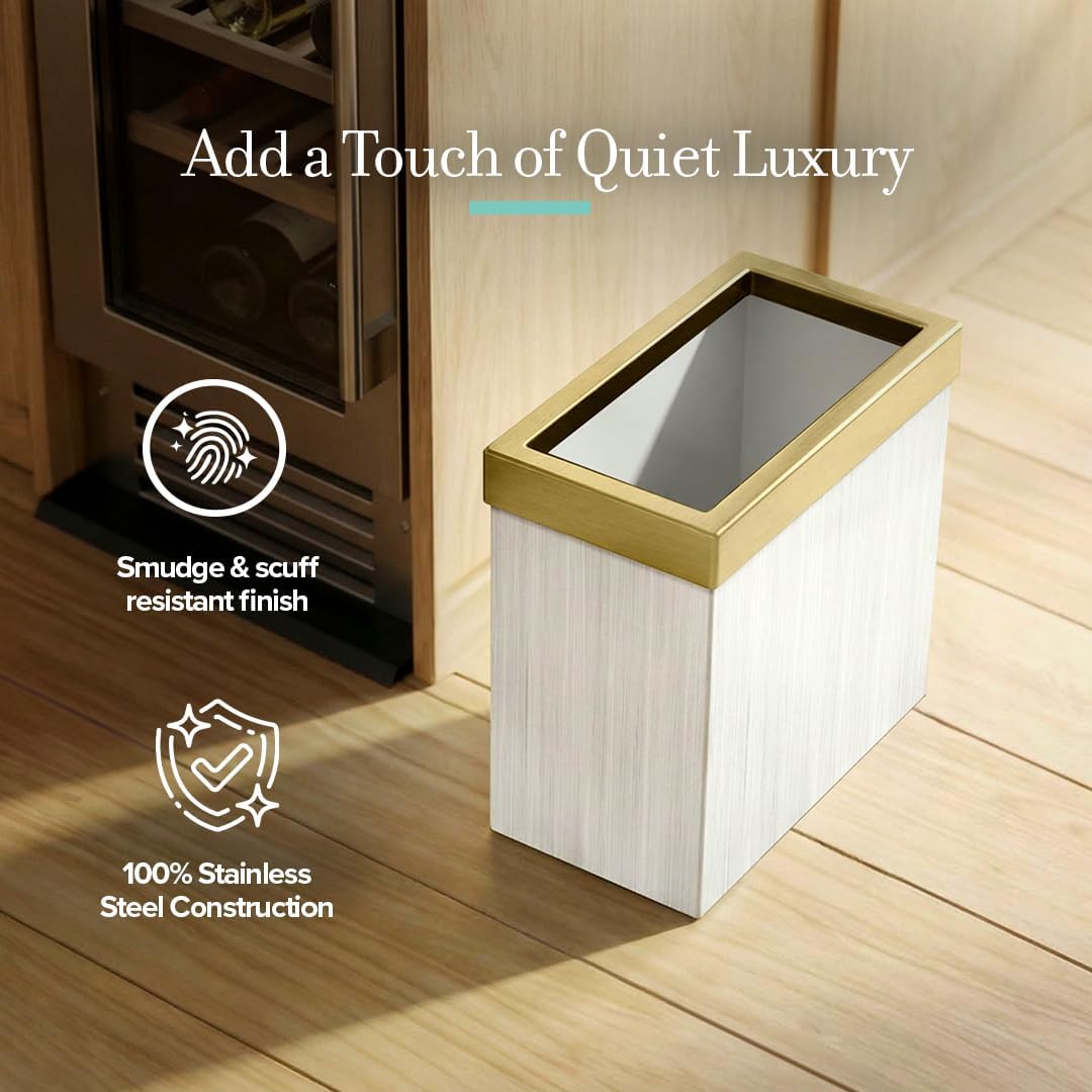 Gatco Modern Rectangle Wastebasket. White Oak/Brushed Brass Lid - Stainless Steel Trash Can with Removable Lid. Leakproof. 3 Gallon Capacity for Bathroom. Bedroom. Kitchen. or Office