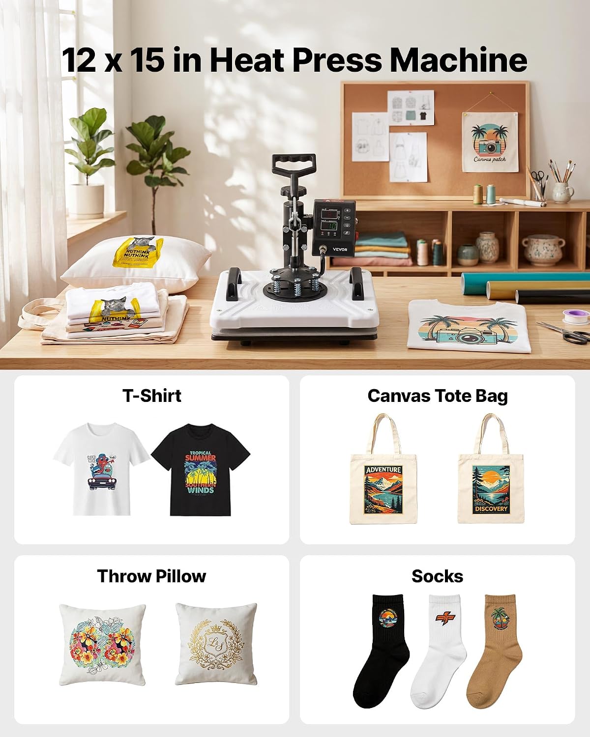 VEVOR Heat Press Machine 12 x 15 in Sublimation Press Machine Swing Away. Heat Up Fast and Even. Digital Precise Time and Temperature Control. for T-Shirts. Canvas Tote Bags. Pillowcases. Socks
