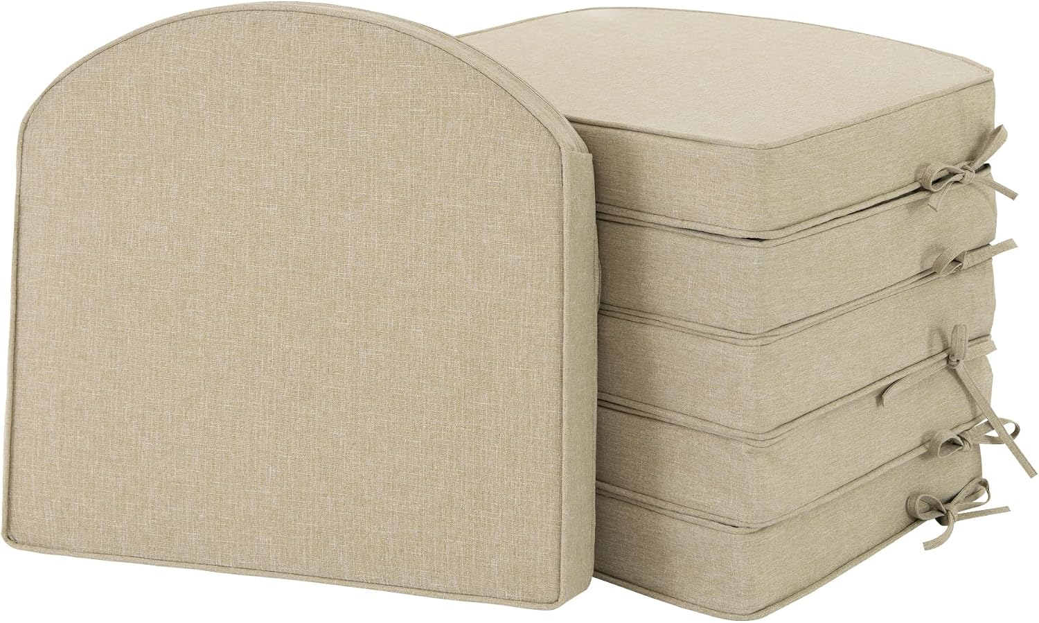 Fitfree Outdoor Chair Cushions. Fade-Resistant & Water-Resistant. D Shaped Patio Furniture Seat Chair Pads Replacement with Ties. Non-Slip Bottom. Removable Cover. Set of 6. 19 x 19 Inch. Natural