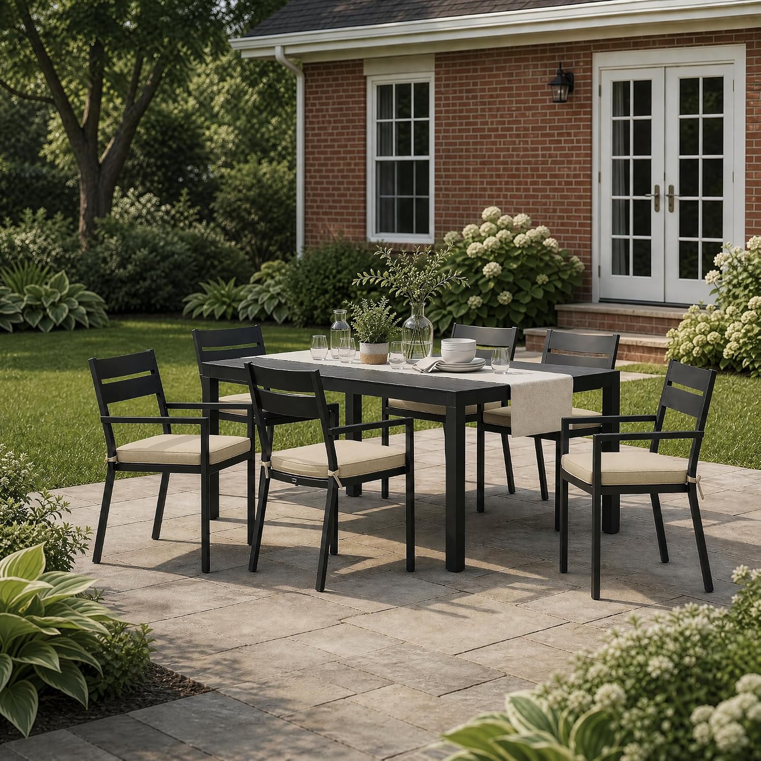Fitfree Outdoor Chair Cushions. Fade-Resistant & Water-Resistant. D Shaped Patio Furniture Seat Chair Pads Replacement with Ties. Non-Slip Bottom. Removable Cover. Set of 6. 19 x 19 Inch. Natural
