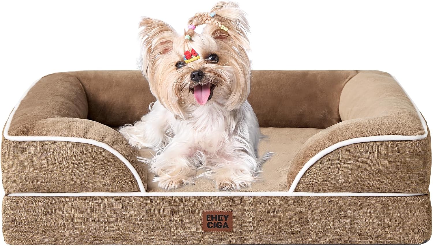 EHEYCIGA Orthopedic Small Dog Bed. Waterproof Memory Foam Washable Pet Beds | Non-Slip Bottom and Egg-Crate Foam Medium Pet Couch Bed with Washable Removable Cover. Camel