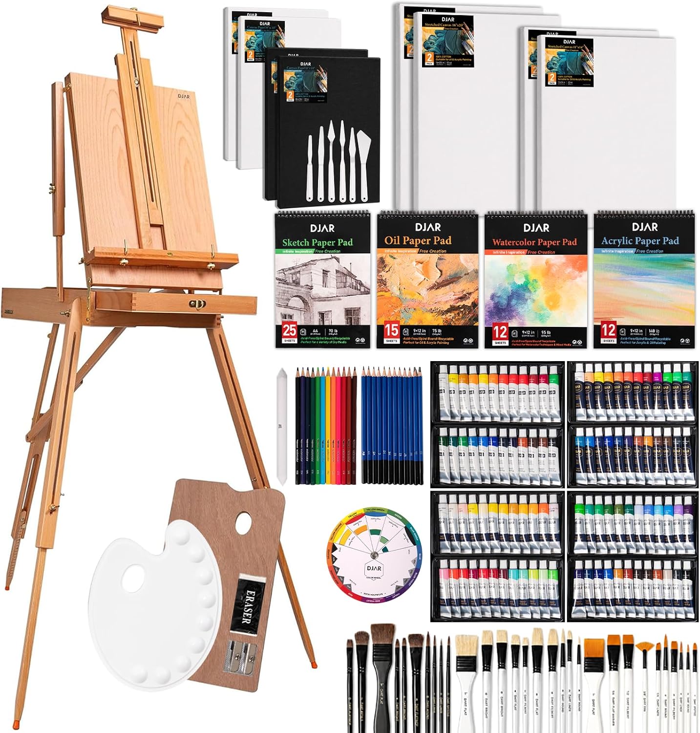 DJAR 169-Piece Wooden French Easel Art Painting Kit for Adults | Portable Plein Air Artist Supply Kit with 48 Acrylic. 24 Watercolor & 24 Oil Paints. Gift for Artists. Students & Beginners