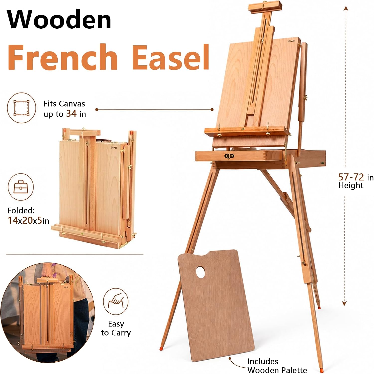 DJAR 169-Piece Wooden French Easel Art Painting Kit for Adults | Portable Plein Air Artist Supply Kit with 48 Acrylic. 24 Watercolor & 24 Oil Paints. Gift for Artists. Students & Beginners