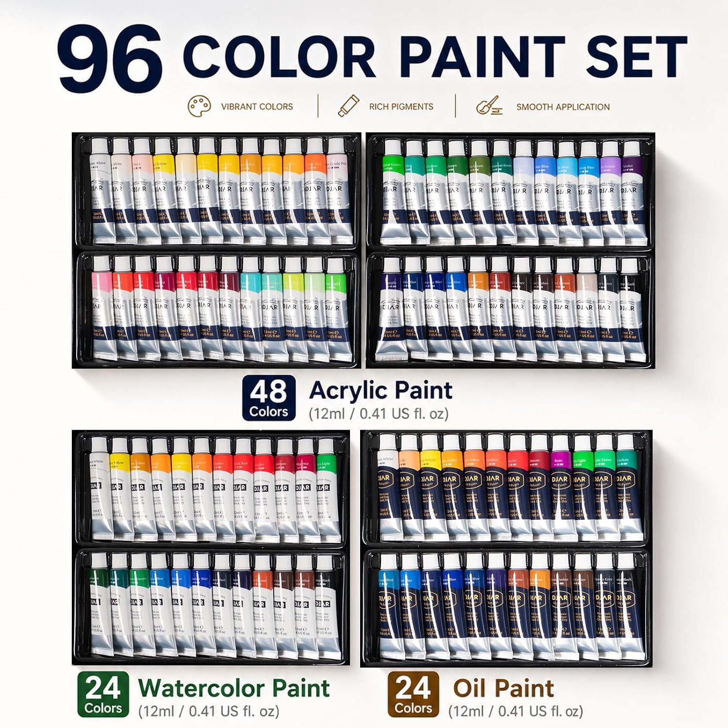 DJAR 169-Piece Wooden French Easel Art Painting Kit for Adults | Portable Plein Air Artist Supply Kit with 48 Acrylic. 24 Watercolor & 24 Oil Paints. Gift for Artists. Students & Beginners