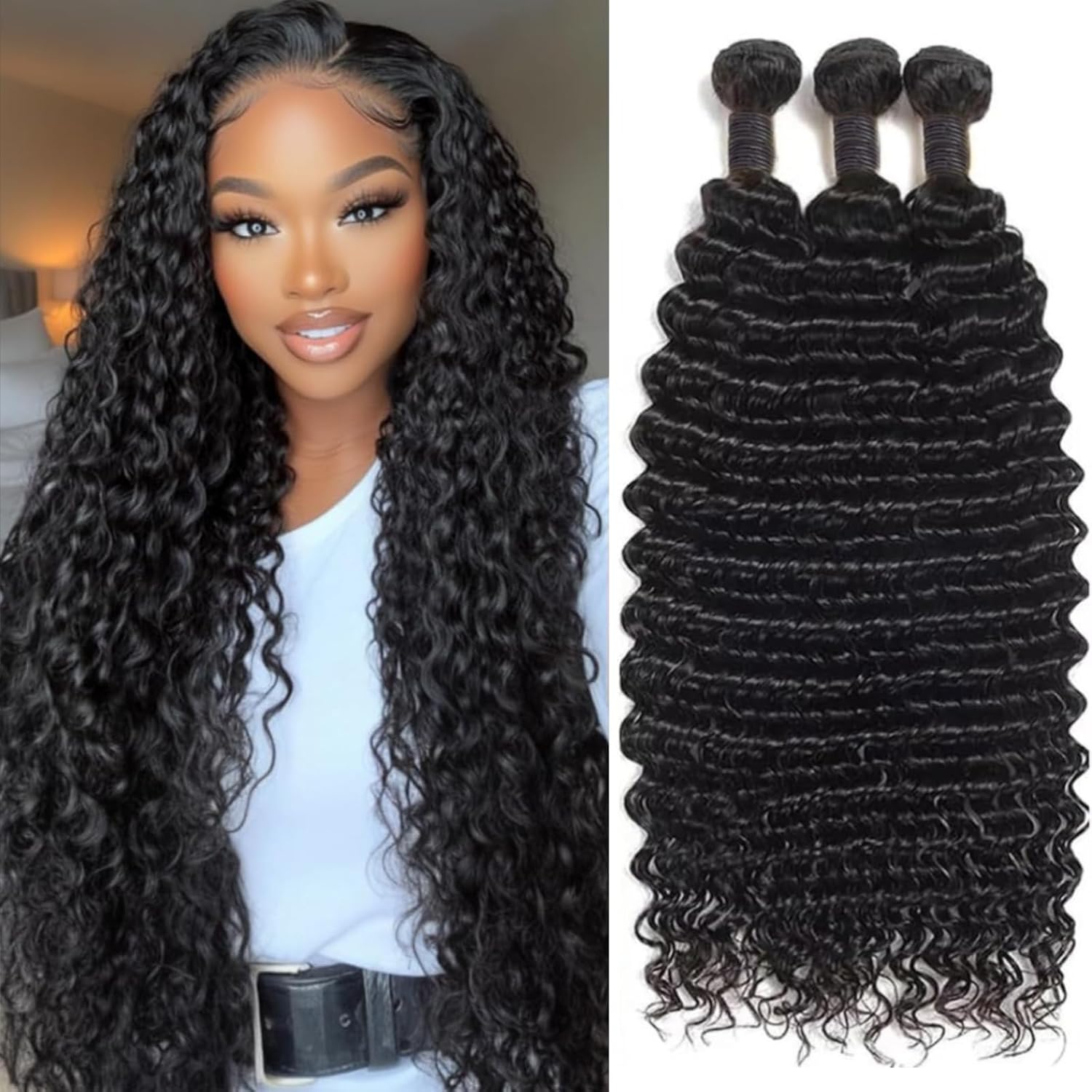 Deep Wave Human Hair Bundles 24 24 24 Inch 12A Unprocessed Brazilian Virgin Hair Deep Curly 3 Bundles Wet and Wave Hair Extensions Natural Color