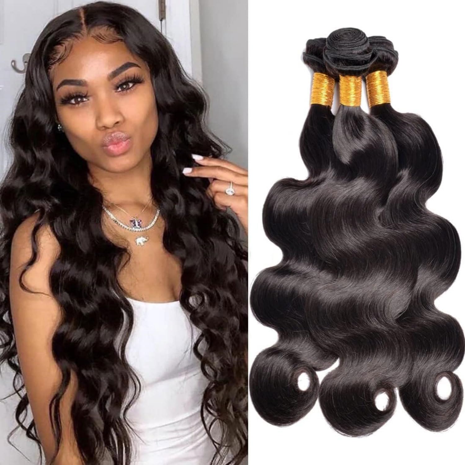 Body Wave Bundles Human Hair 12A Human Hair Bundles Unprocessed Brazilian Virgin Hair 3 Bundle Weave Extensions Human Hair Natural Black Color Bundles 24 26 28 Inch