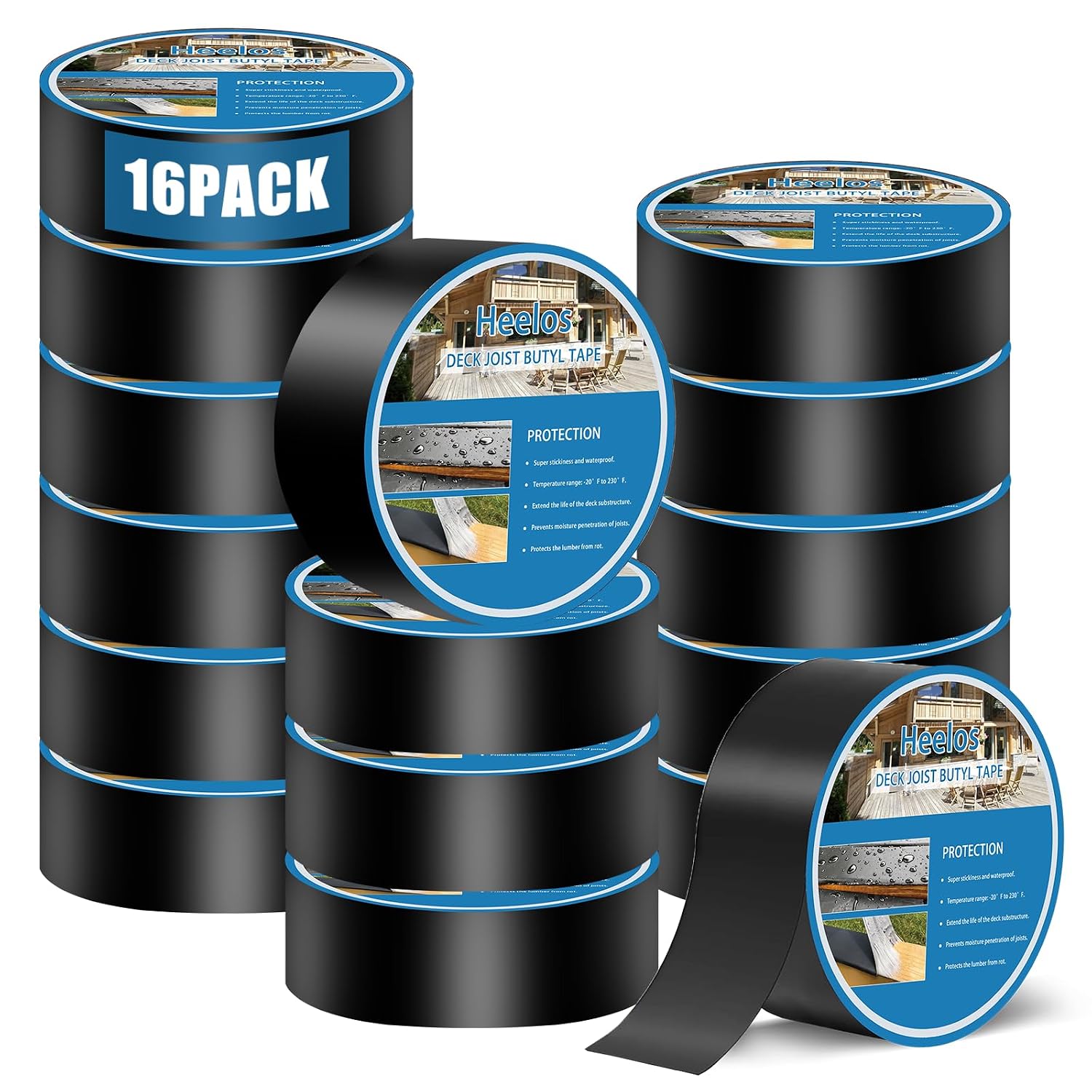 Heelos Joist Tape for Decking 2''×50'.16 Pack Weather-Resistant Deck Joist Tape.Waterproof Seal Antiseptic Butyl Joists Tape.Self-Adhesive Flashing Joists Tape for Wood Decks Beams Roof