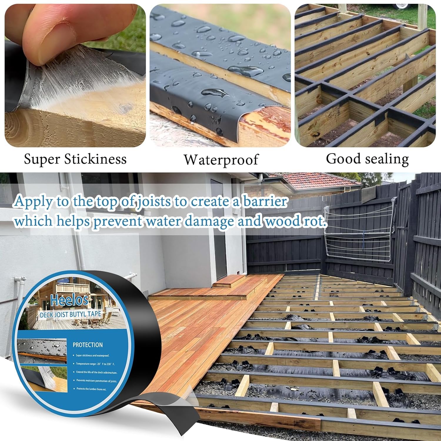 Heelos Joist Tape for Decking 2''×50'.16 Pack Weather-Resistant Deck Joist Tape.Waterproof Seal Antiseptic Butyl Joists Tape.Self-Adhesive Flashing Joists Tape for Wood Decks Beams Roof