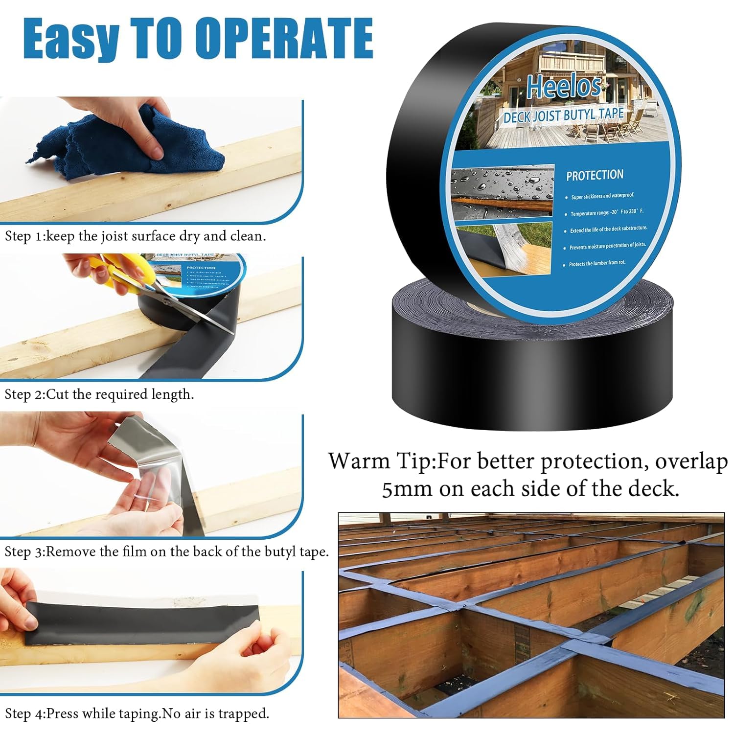 Heelos Joist Tape for Decking 2''×50'.16 Pack Weather-Resistant Deck Joist Tape.Waterproof Seal Antiseptic Butyl Joists Tape.Self-Adhesive Flashing Joists Tape for Wood Decks Beams Roof