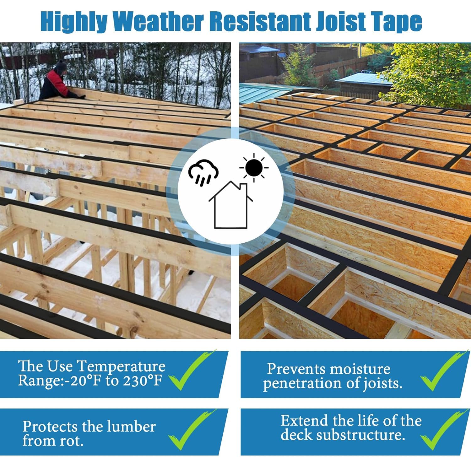 Heelos Joist Tape for Decking 2''×50'.16 Pack Weather-Resistant Deck Joist Tape.Waterproof Seal Antiseptic Butyl Joists Tape.Self-Adhesive Flashing Joists Tape for Wood Decks Beams Roof