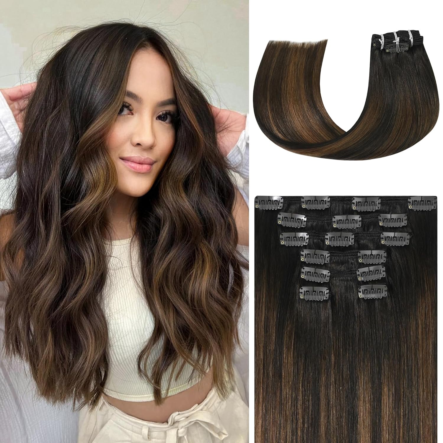 Ukira Balayage Hair Extensions for Women Real Human Hair. 20 Inch 120g 7pcs 2/6/2 Dark Brown to Chestnut Brown Clip in Hair Extensions. Natural Straight Remy Human Hair Clip in Extensions