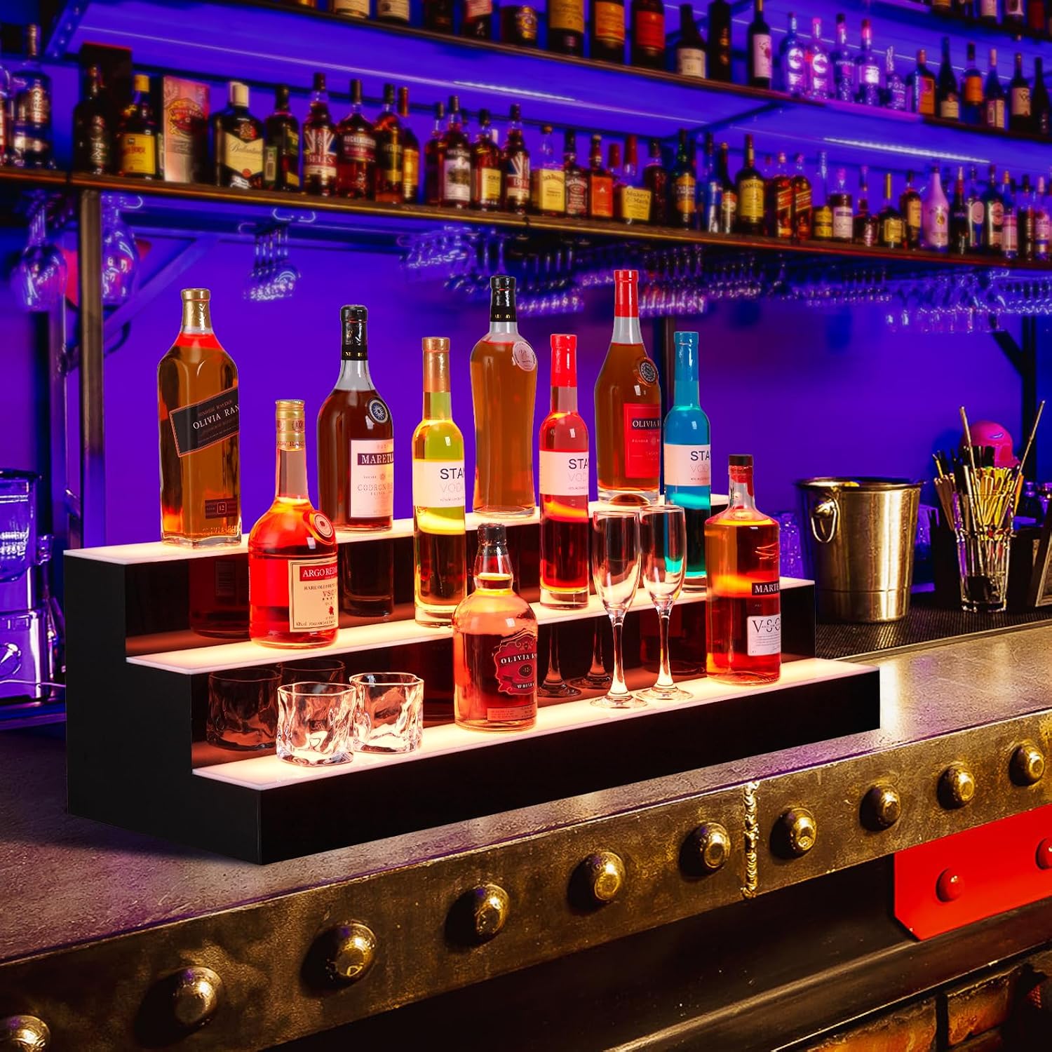 24'' LED Lighted Liquor Bottle Shelf. 3 Tier Bar Display with Remote & App Control. 16 Color LED Lighting. 4 Modes. 1-8 Hour Timer. Backlit Bar Shelf for Home Bars. Restaurants. Nightclubs