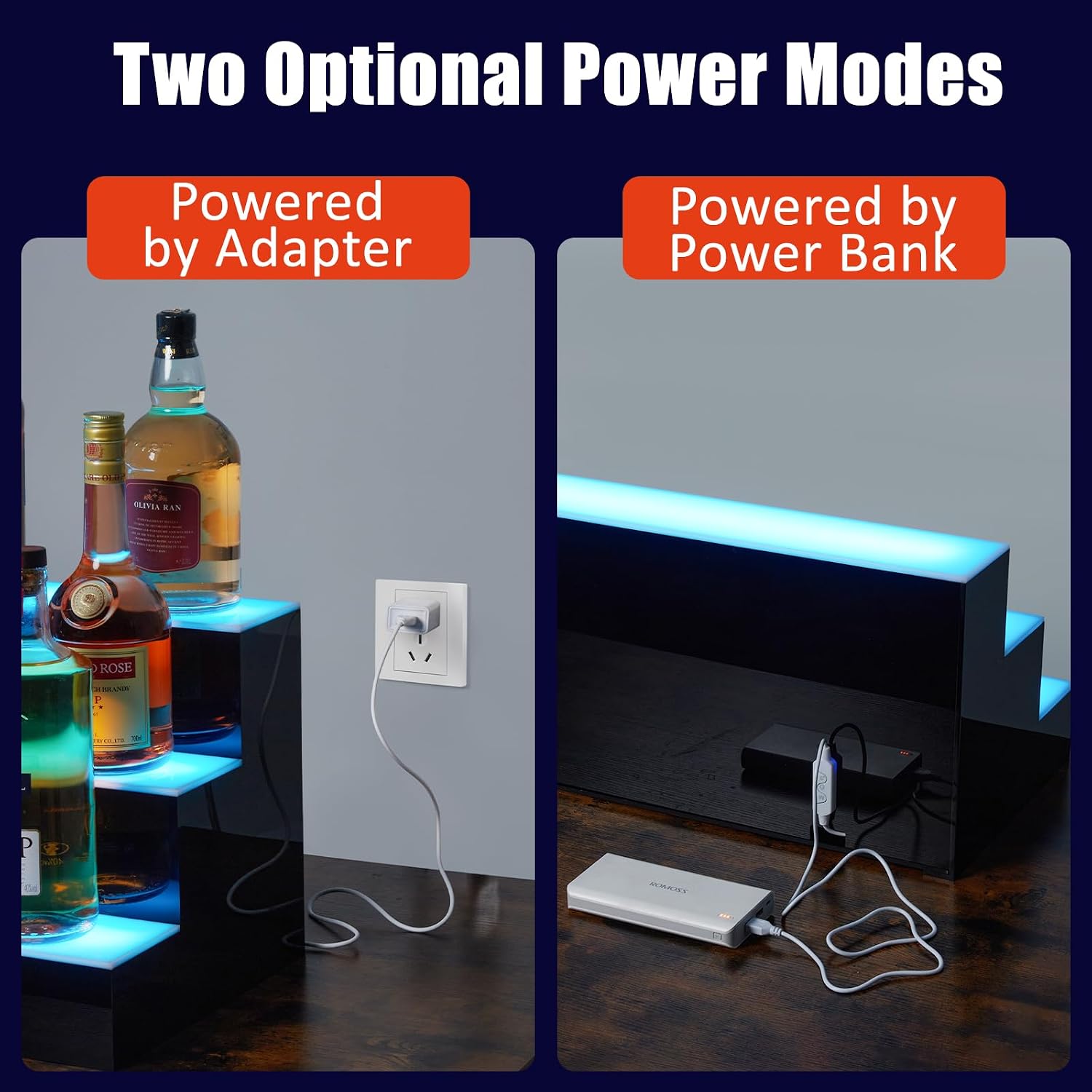 24'' LED Lighted Liquor Bottle Shelf. 3 Tier Bar Display with Remote & App Control. 16 Color LED Lighting. 4 Modes. 1-8 Hour Timer. Backlit Bar Shelf for Home Bars. Restaurants. Nightclubs