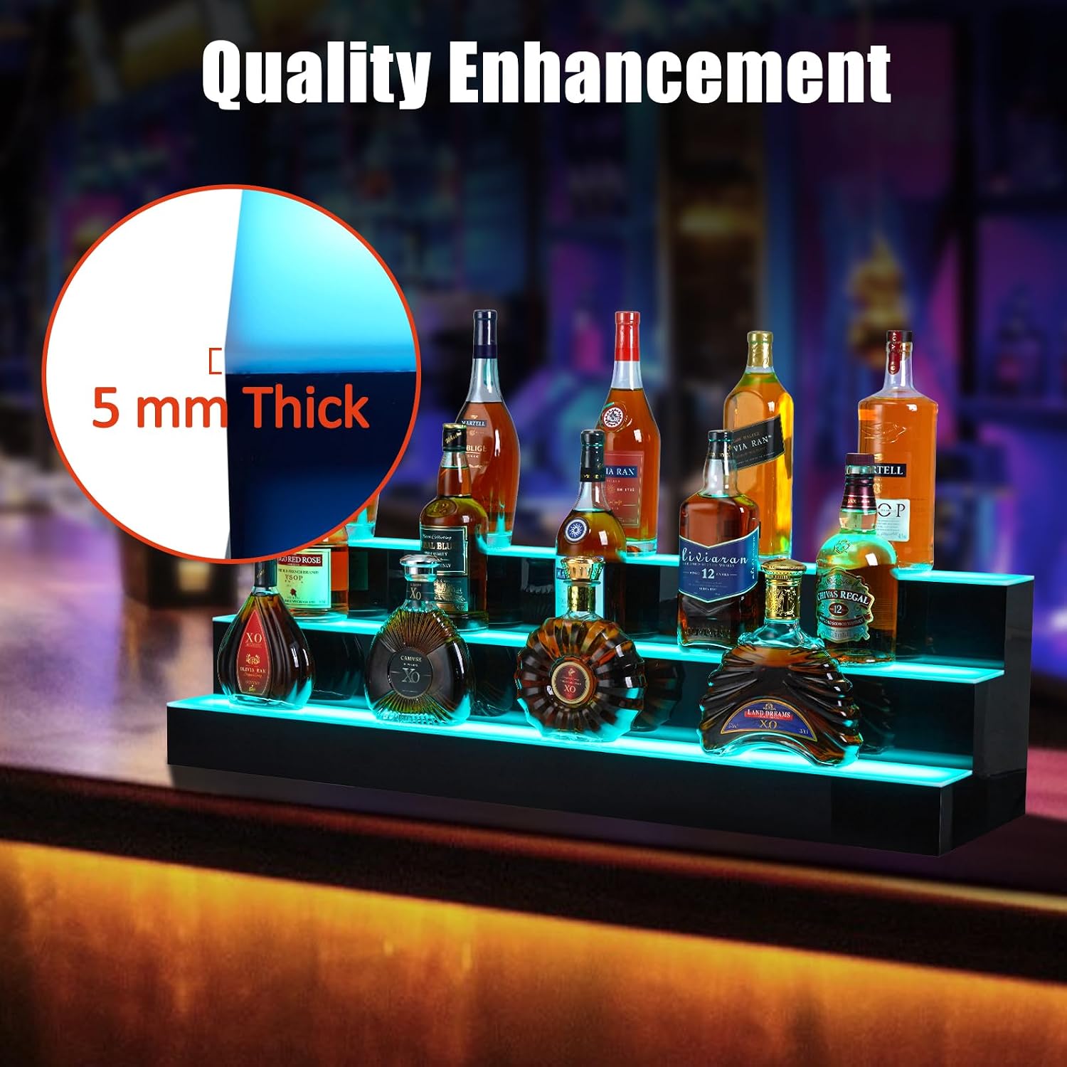 24'' LED Lighted Liquor Bottle Shelf. 3 Tier Bar Display with Remote & App Control. 16 Color LED Lighting. 4 Modes. 1-8 Hour Timer. Backlit Bar Shelf for Home Bars. Restaurants. Nightclubs