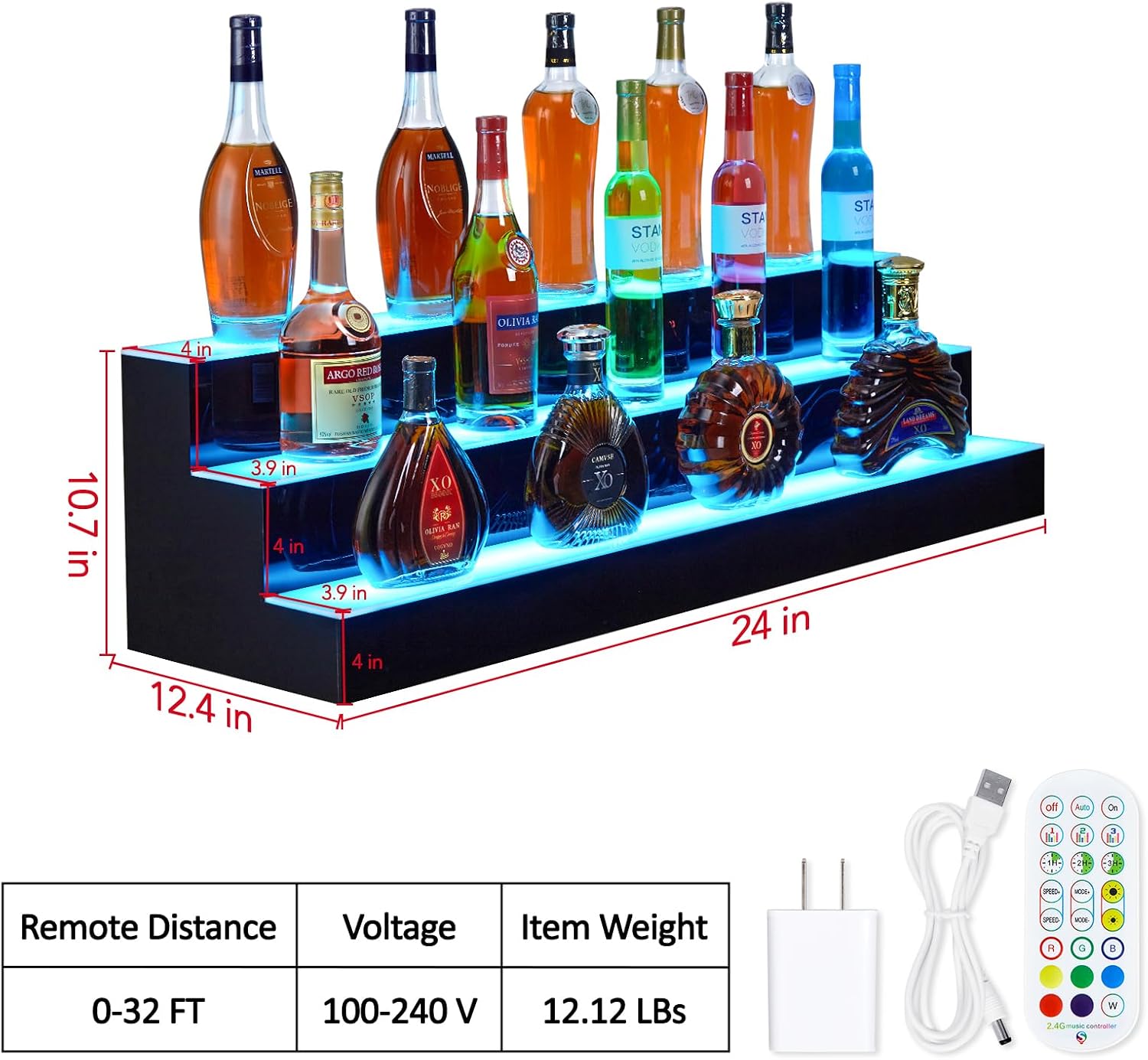 24'' LED Lighted Liquor Bottle Shelf. 3 Tier Bar Display with Remote & App Control. 16 Color LED Lighting. 4 Modes. 1-8 Hour Timer. Backlit Bar Shelf for Home Bars. Restaurants. Nightclubs