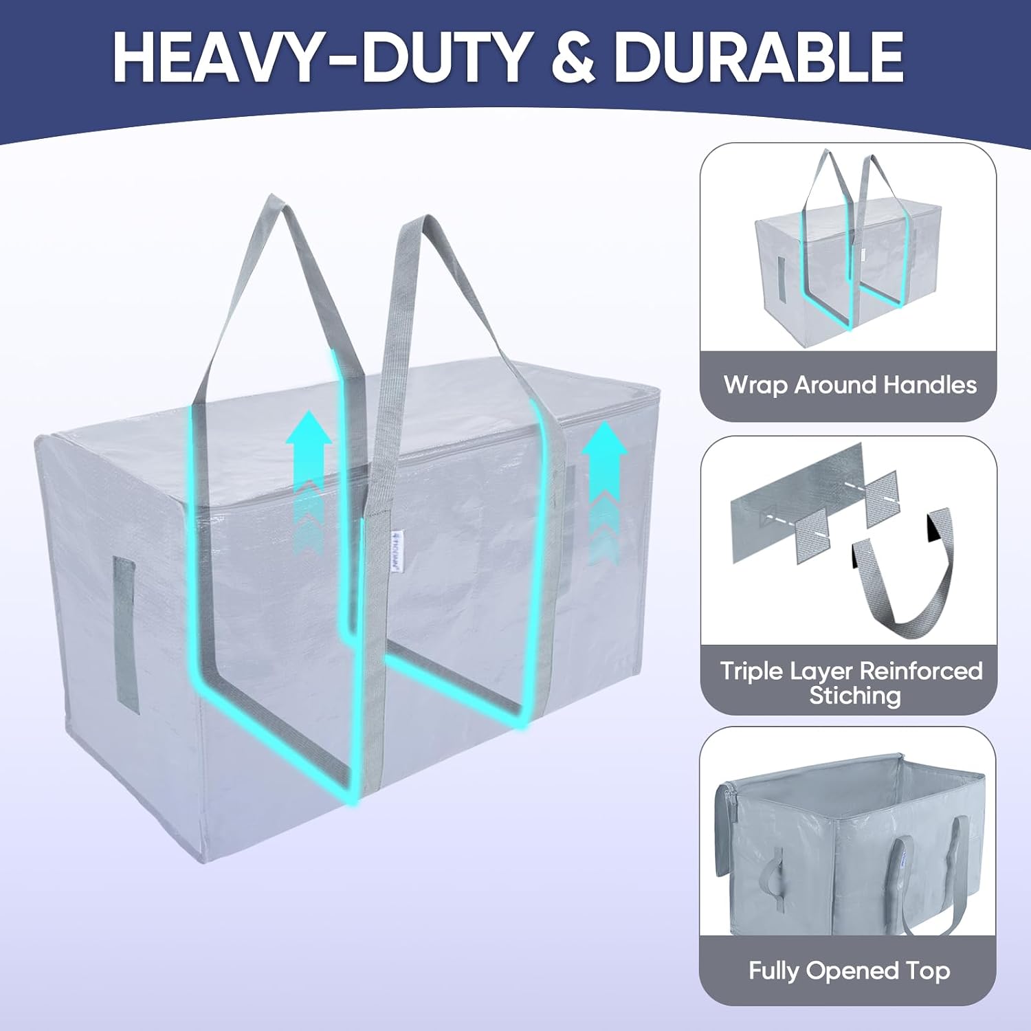TICONN 2 Pack Extra Large Moving Bags Heavy Duty with Zippers & Carrying Handles. Durable Storage Bags Moving Boxes for Closet Organizers and Storage (2 Pack. Light Grey)