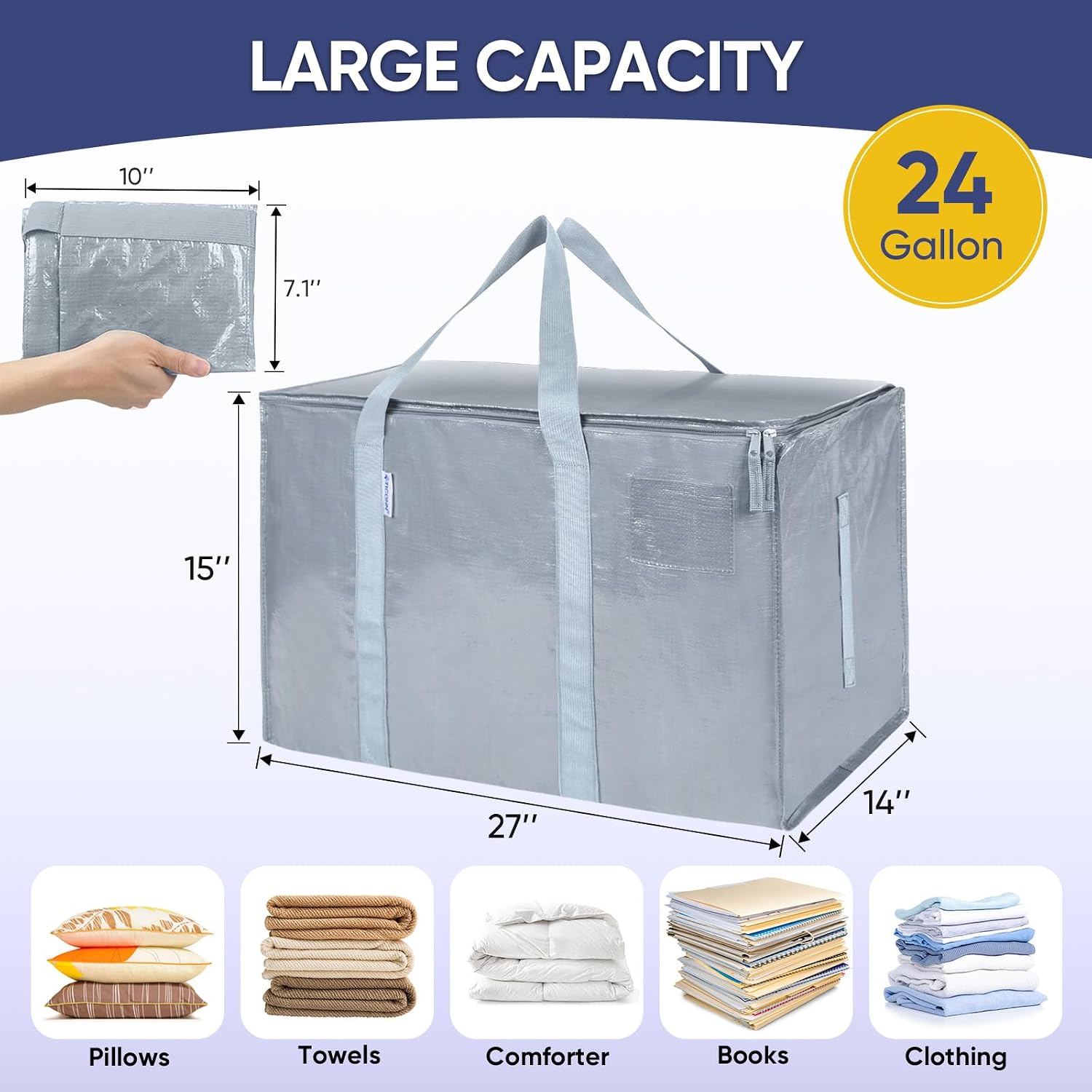 TICONN 2 Pack Extra Large Moving Bags Heavy Duty with Zippers & Carrying Handles. Durable Storage Bags Moving Boxes for Closet Organizers and Storage (2 Pack. Light Grey)