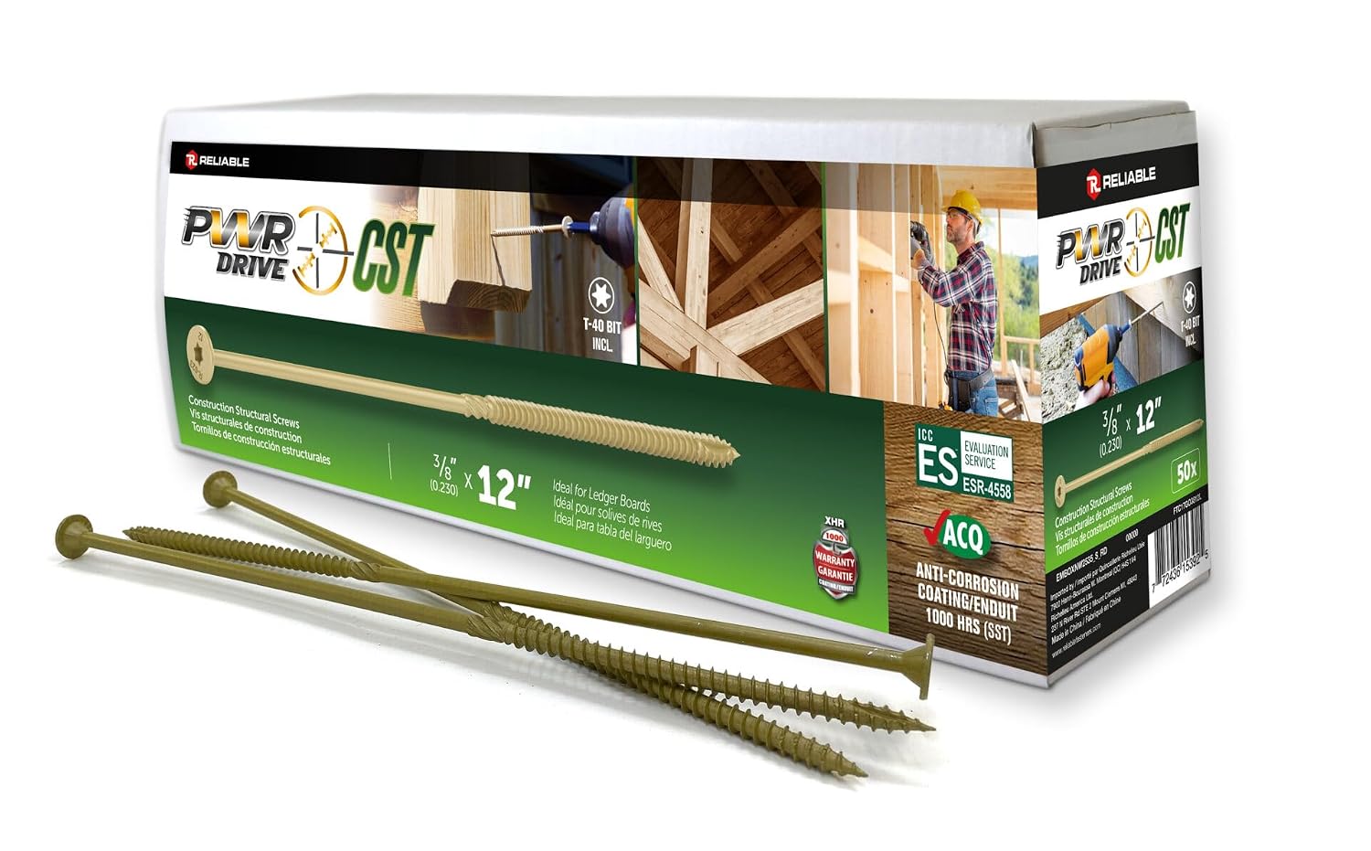 PWR Drive CST Series (50 Pack) 3/8 inch x 12 inch Structural Wood Screws for Outdoor Decks and General Construction. Rustproof Finish. T-40 Star Bit Included. FTC17GO3812L