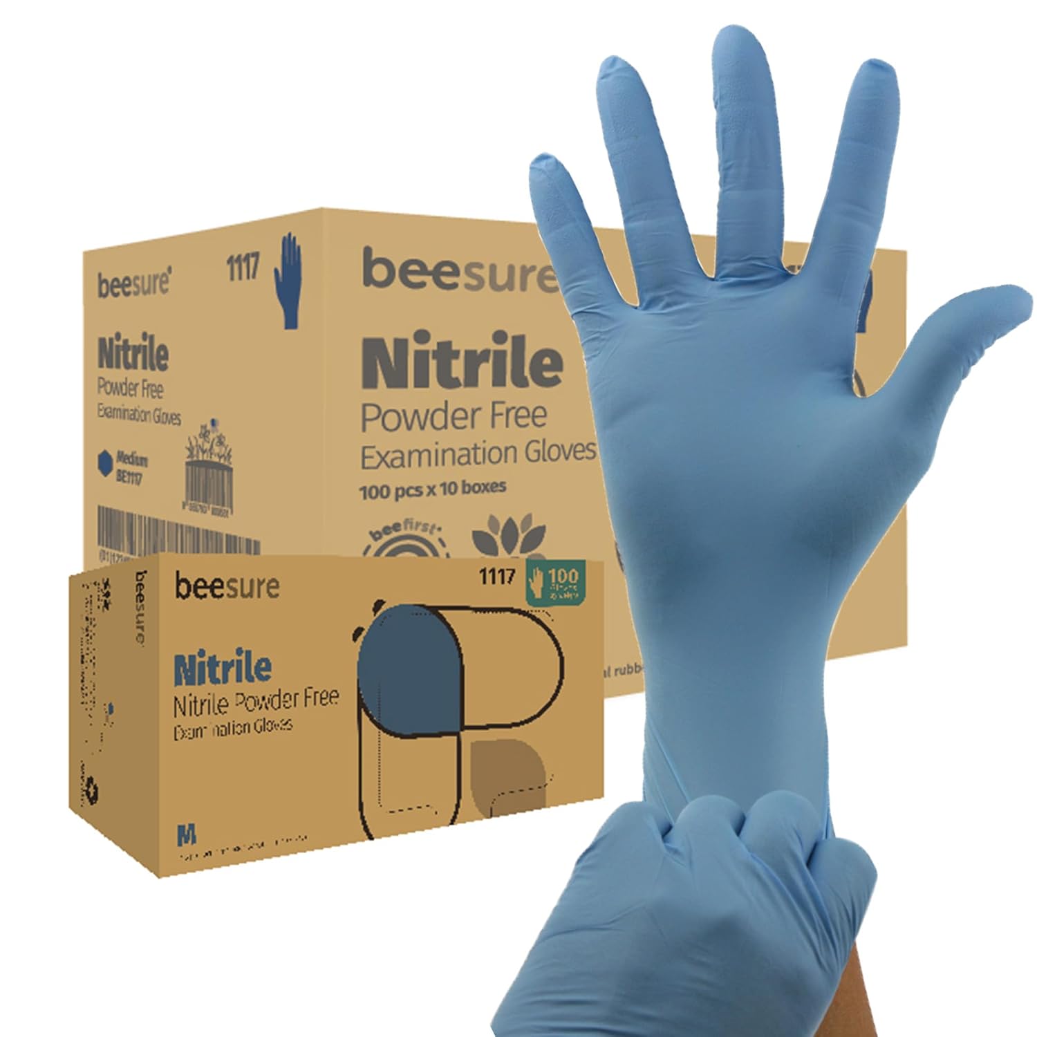 BeeSure BE1116case Powder Free Exam Gloves. Nitrile. BeadedCuff. Small. Blue (Pack of 1000)