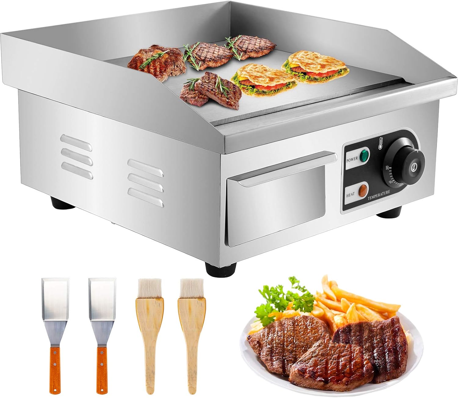 VEVOR 14 Commercial Electric Griddle.110V 1500W Electric Countertop Griddle Non-Stick Restaurant Teppanyaki flat top Grill Stainless Steel 122°F-572°F Adjustable Temperature Control(No Plug)