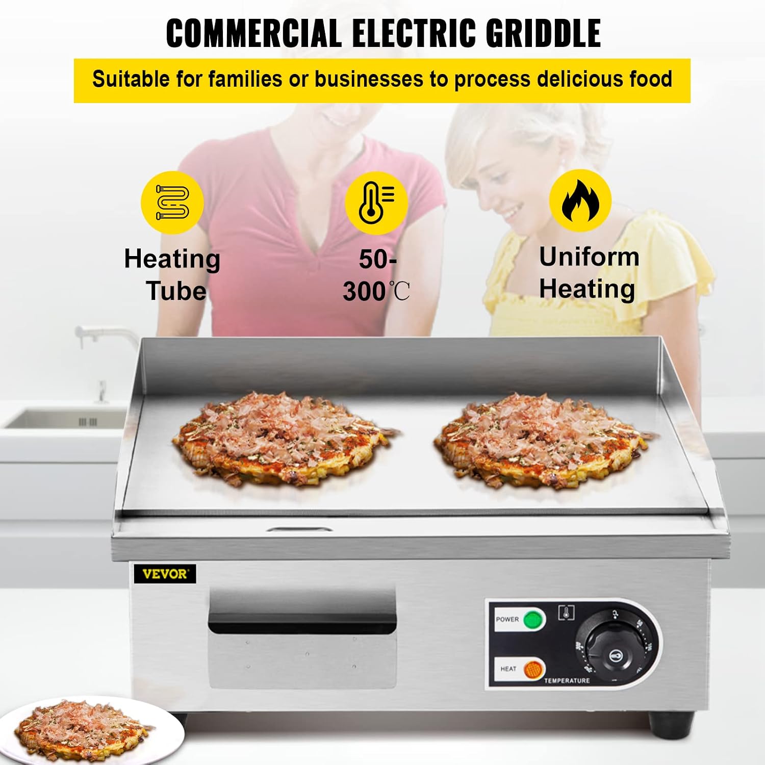 VEVOR 14 Commercial Electric Griddle.110V 1500W Electric Countertop Griddle Non-Stick Restaurant Teppanyaki flat top Grill Stainless Steel 122°F-572°F Adjustable Temperature Control(No Plug)