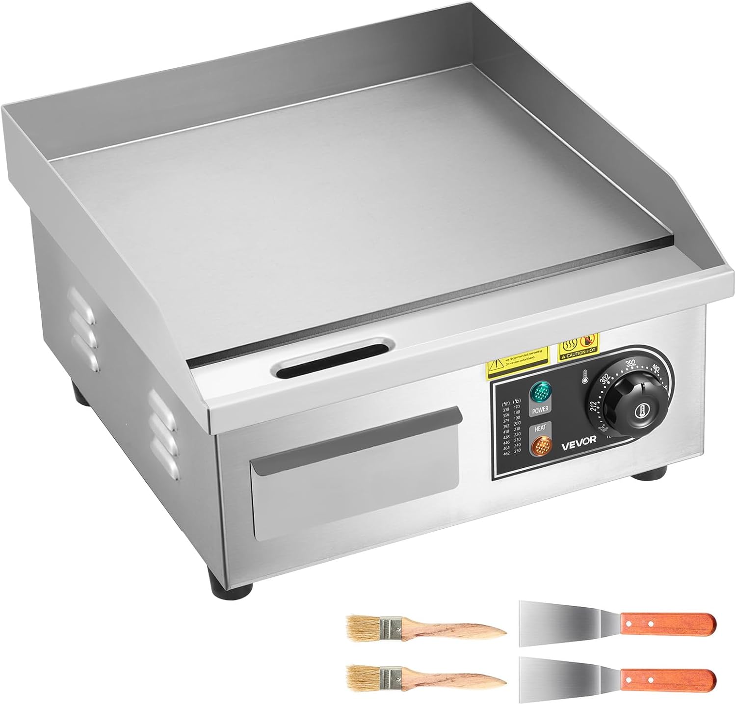 VEVOR 14 Commercial Electric Griddle.110V 1500W Electric Countertop Griddle Non-Stick Restaurant Teppanyaki flat top Grill Stainless Steel 122°F-572°F Adjustable Temperature Control(No Plug)