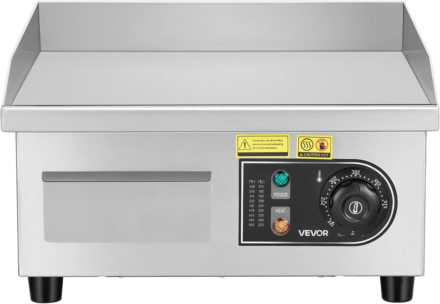 VEVOR 14 Commercial Electric Griddle.110V 1500W Electric Countertop Griddle Non-Stick Restaurant Teppanyaki flat top Grill Stainless Steel 122°F-572°F Adjustable Temperature Control(No Plug)