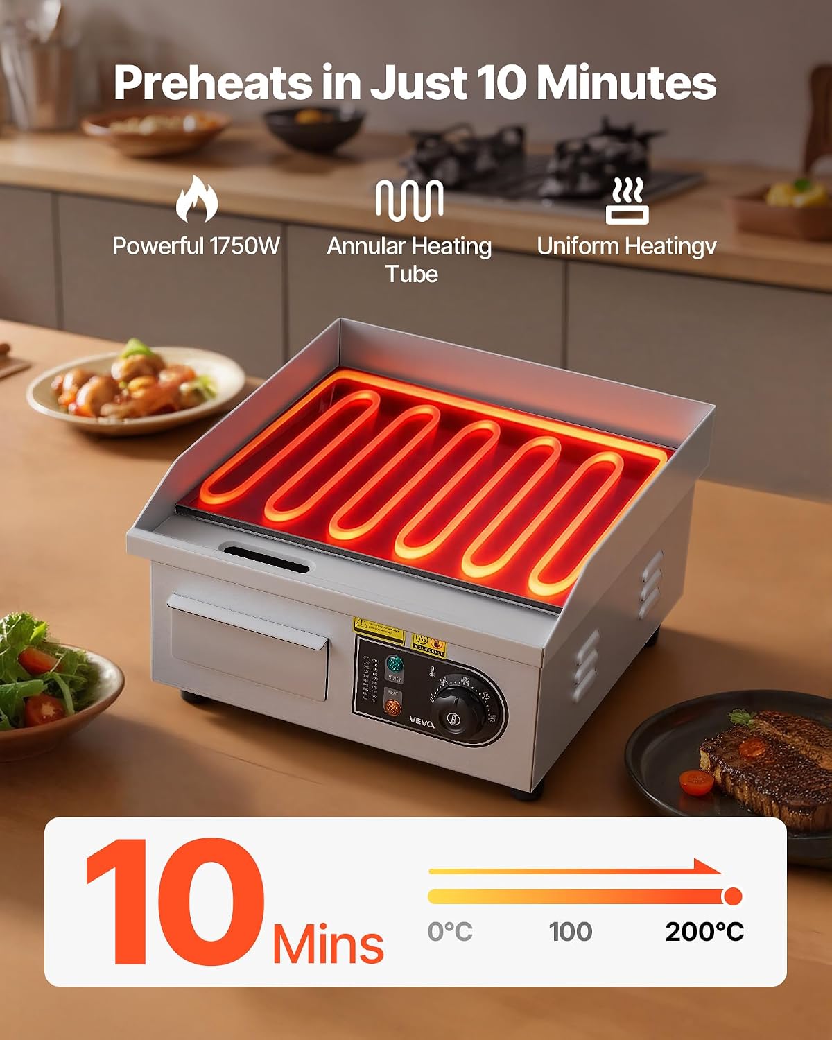 VEVOR 14 Commercial Electric Griddle.110V 1500W Electric Countertop Griddle Non-Stick Restaurant Teppanyaki flat top Grill Stainless Steel 122°F-572°F Adjustable Temperature Control(No Plug)