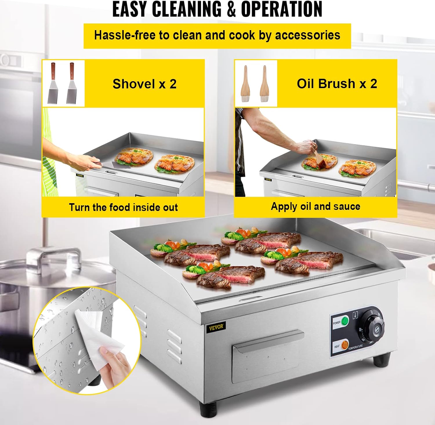 VEVOR 14 Commercial Electric Griddle.110V 1500W Electric Countertop Griddle Non-Stick Restaurant Teppanyaki flat top Grill Stainless Steel 122°F-572°F Adjustable Temperature Control(No Plug)