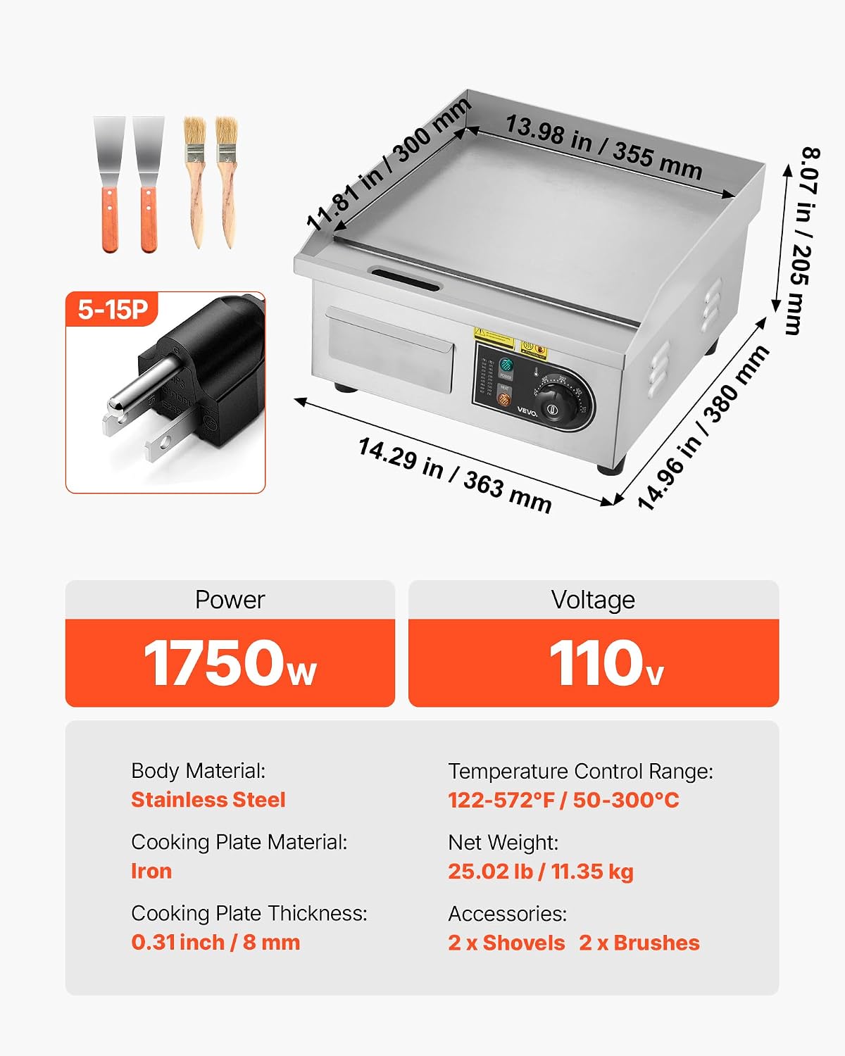 VEVOR 14 Commercial Electric Griddle.110V 1500W Electric Countertop Griddle Non-Stick Restaurant Teppanyaki flat top Grill Stainless Steel 122°F-572°F Adjustable Temperature Control(No Plug)