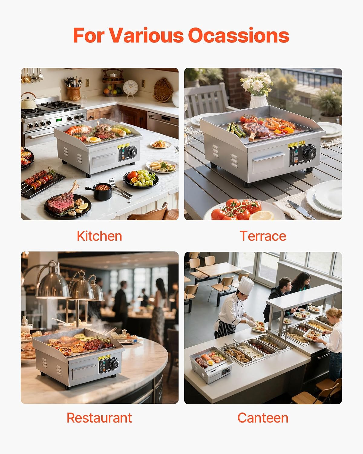 VEVOR 14 Commercial Electric Griddle.110V 1500W Electric Countertop Griddle Non-Stick Restaurant Teppanyaki flat top Grill Stainless Steel 122°F-572°F Adjustable Temperature Control(No Plug)