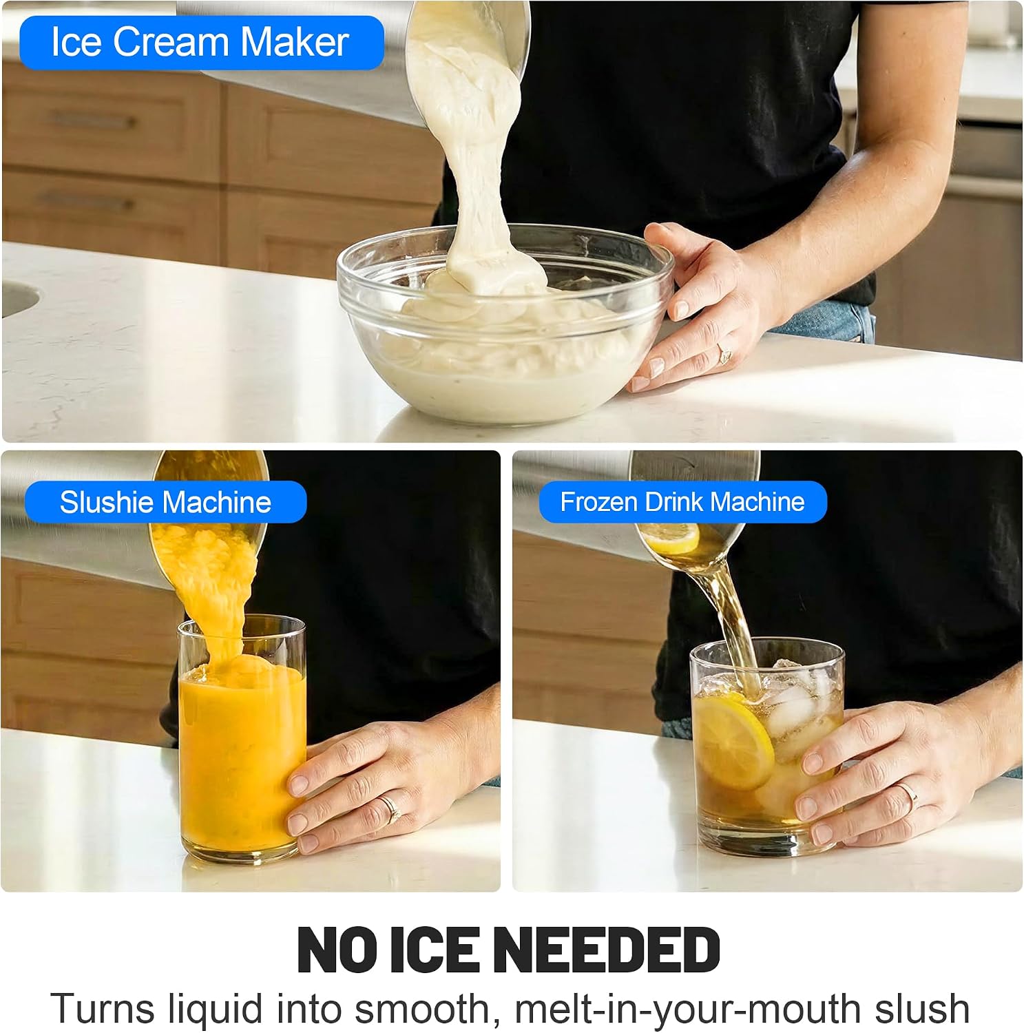 3-in-1 Slushie Machine. Ice Cream Maker & Frozen Drink Maker with 7 Preset Programs. No Ice Needed. 10 Mins Rapid Chill. 300oz/Hour. LED Display. 304 Stainless Steel. Removable Cup & Stirrer