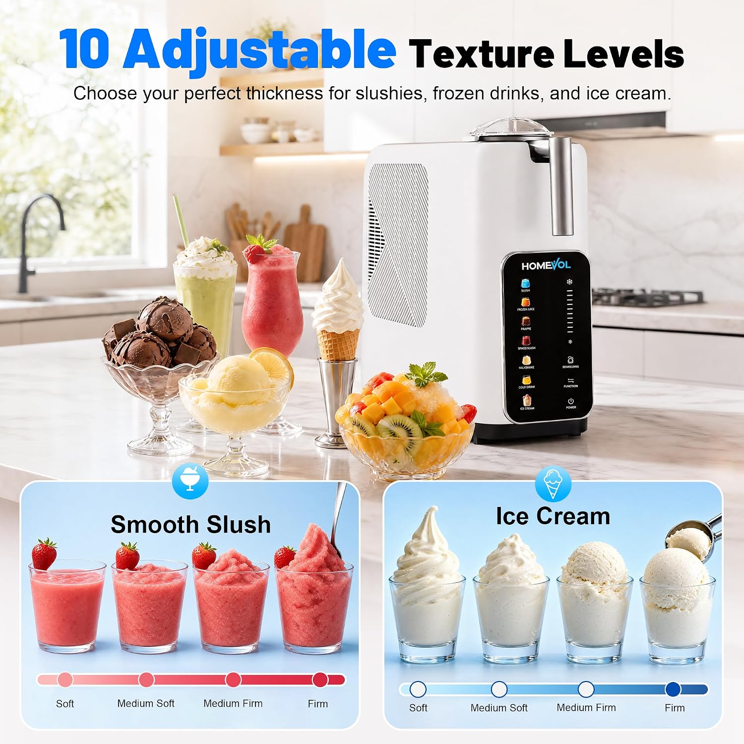 3-in-1 Slushie Machine. Ice Cream Maker & Frozen Drink Maker with 7 Preset Programs. No Ice Needed. 10 Mins Rapid Chill. 300oz/Hour. LED Display. 304 Stainless Steel. Removable Cup & Stirrer