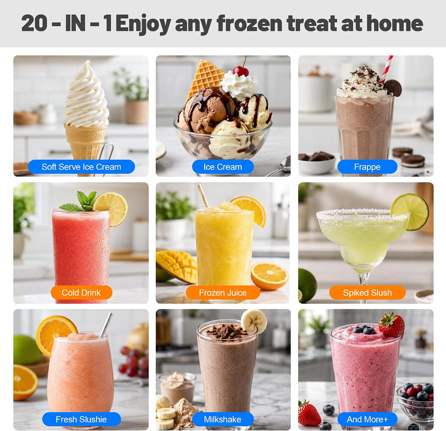 3-in-1 Slushie Machine. Ice Cream Maker & Frozen Drink Maker with 7 Preset Programs. No Ice Needed. 10 Mins Rapid Chill. 300oz/Hour. LED Display. 304 Stainless Steel. Removable Cup & Stirrer