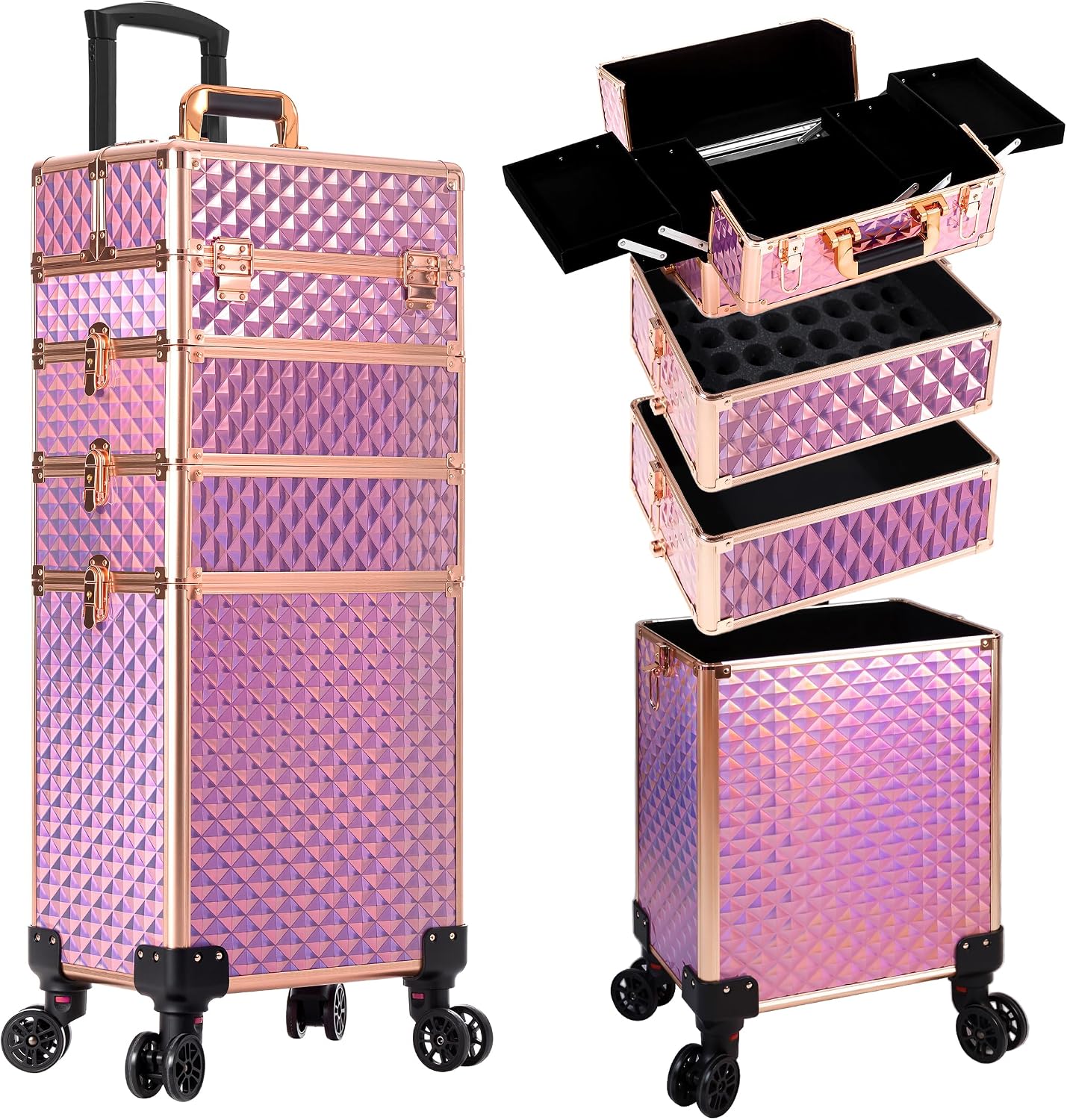AROUS Rolling Train Makeup Case Cosmetology Case on Wheels. Pink | 4 in 1 Large Cosmetic Organizer Train Case Makeup Travel Case with Key Nail Artist Salon Storage Traveling Cart Trunk