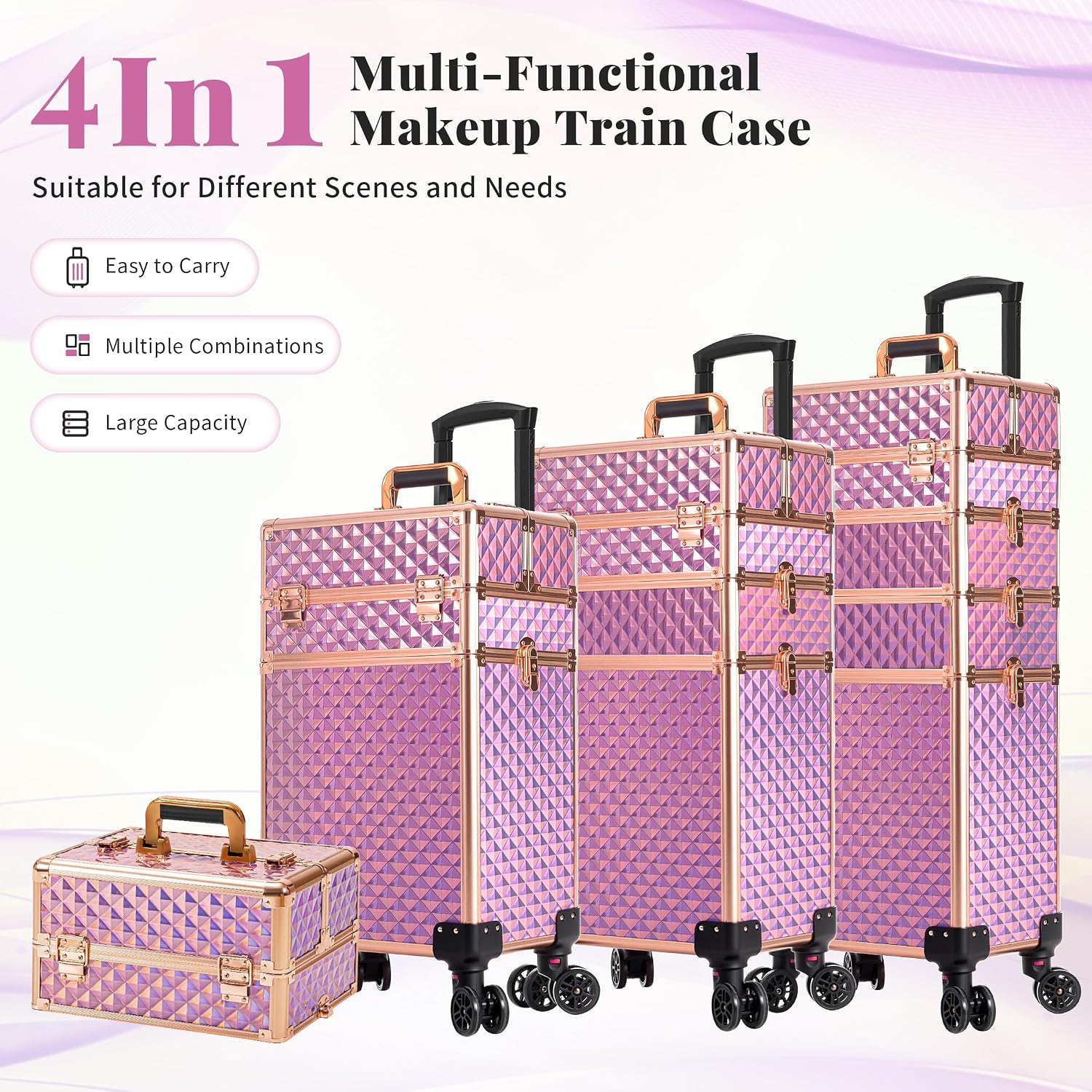 AROUS Rolling Train Makeup Case Cosmetology Case on Wheels. Pink | 4 in 1 Large Cosmetic Organizer Train Case Makeup Travel Case with Key Nail Artist Salon Storage Traveling Cart Trunk