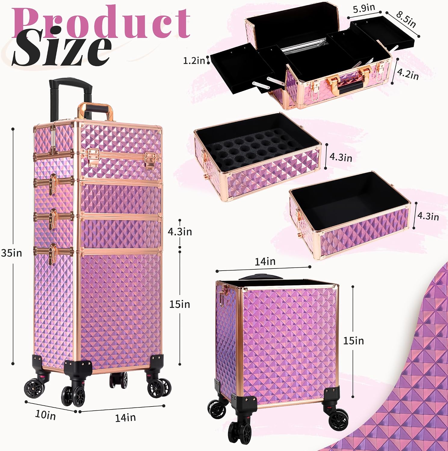 AROUS Rolling Train Makeup Case Cosmetology Case on Wheels. Pink | 4 in 1 Large Cosmetic Organizer Train Case Makeup Travel Case with Key Nail Artist Salon Storage Traveling Cart Trunk