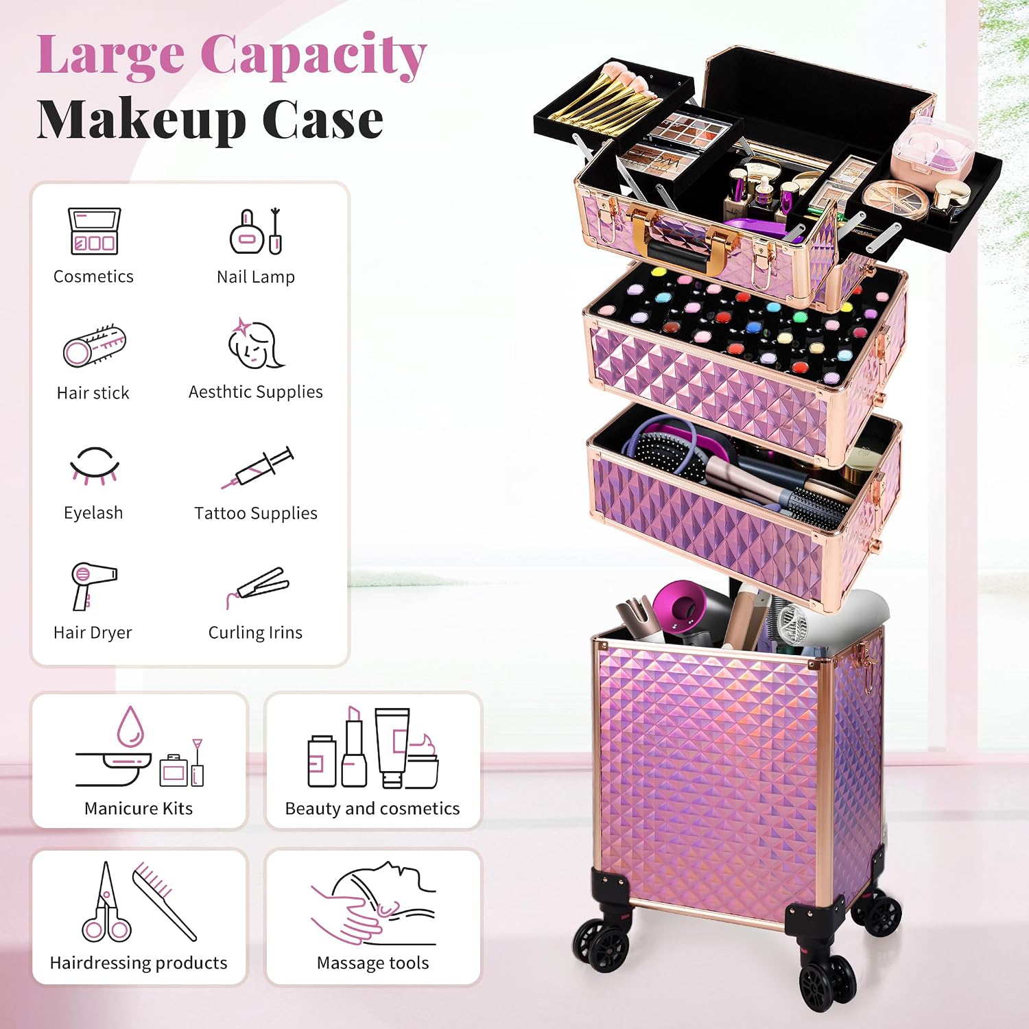 AROUS Rolling Train Makeup Case Cosmetology Case on Wheels. Pink | 4 in 1 Large Cosmetic Organizer Train Case Makeup Travel Case with Key Nail Artist Salon Storage Traveling Cart Trunk