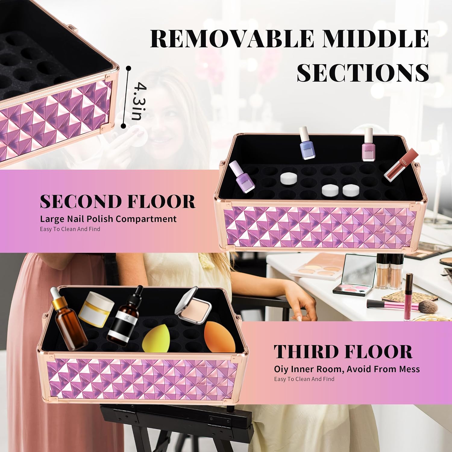 AROUS Rolling Train Makeup Case Cosmetology Case on Wheels. Pink | 4 in 1 Large Cosmetic Organizer Train Case Makeup Travel Case with Key Nail Artist Salon Storage Traveling Cart Trunk