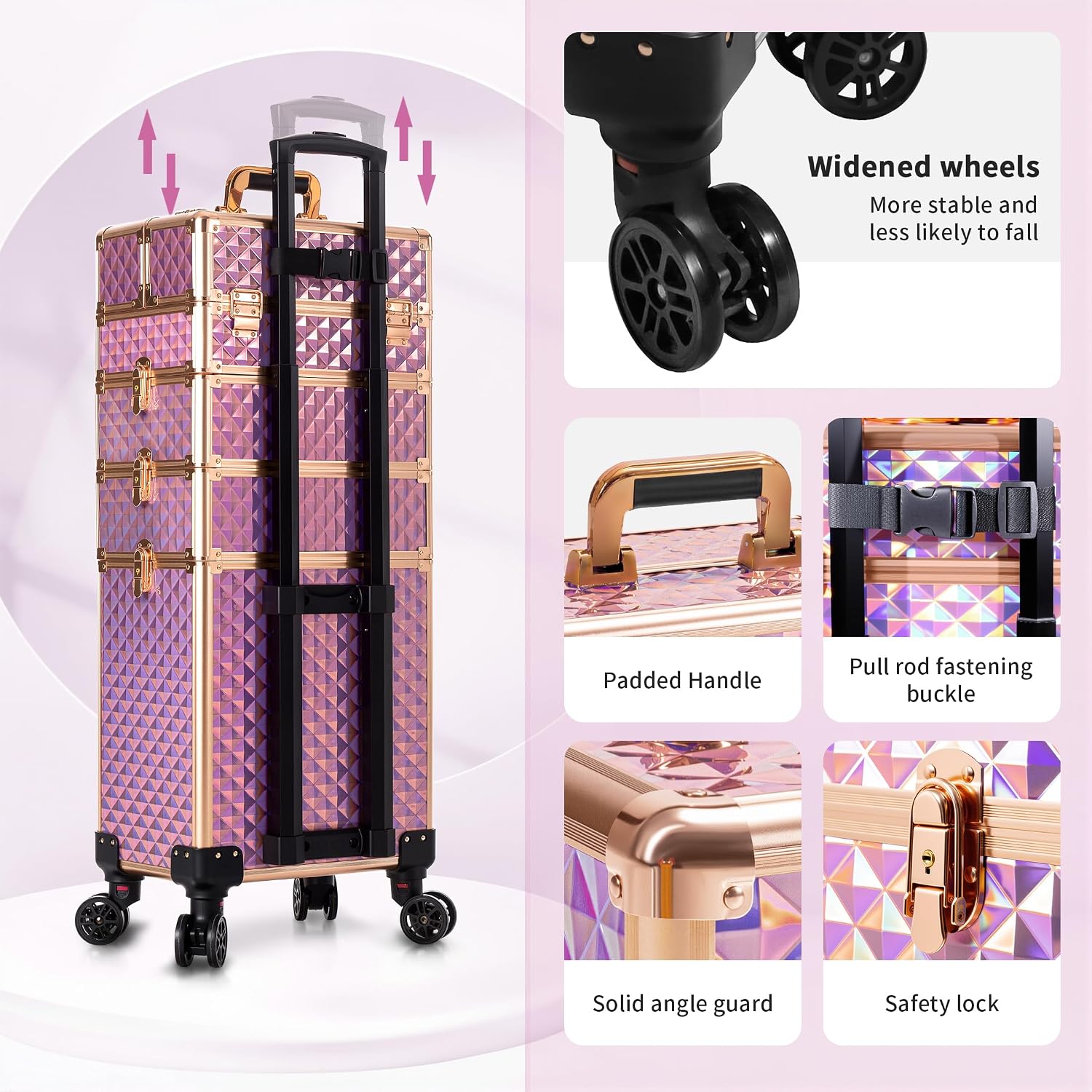 AROUS Rolling Train Makeup Case Cosmetology Case on Wheels. Pink | 4 in 1 Large Cosmetic Organizer Train Case Makeup Travel Case with Key Nail Artist Salon Storage Traveling Cart Trunk