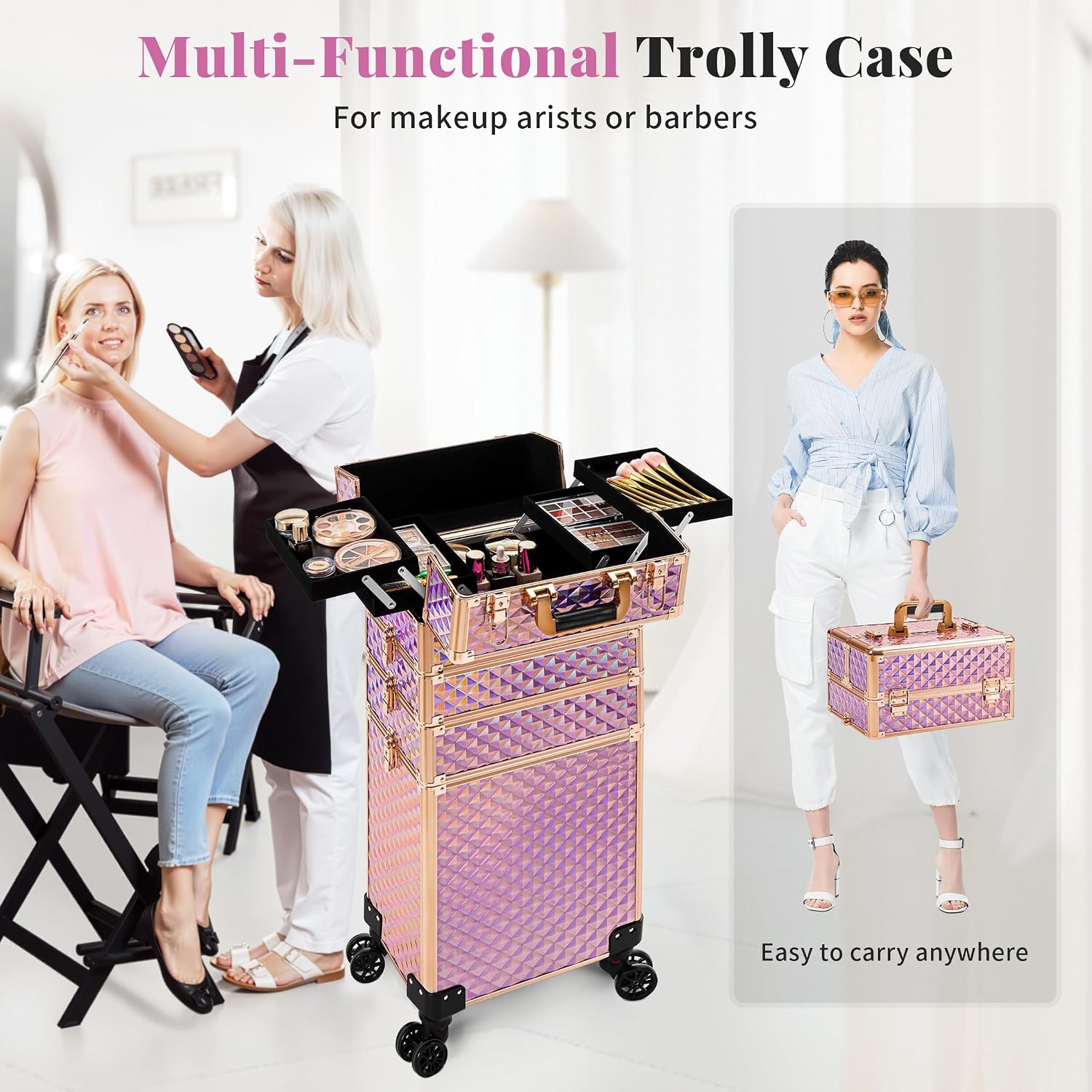 AROUS Rolling Train Makeup Case Cosmetology Case on Wheels. Pink | 4 in 1 Large Cosmetic Organizer Train Case Makeup Travel Case with Key Nail Artist Salon Storage Traveling Cart Trunk
