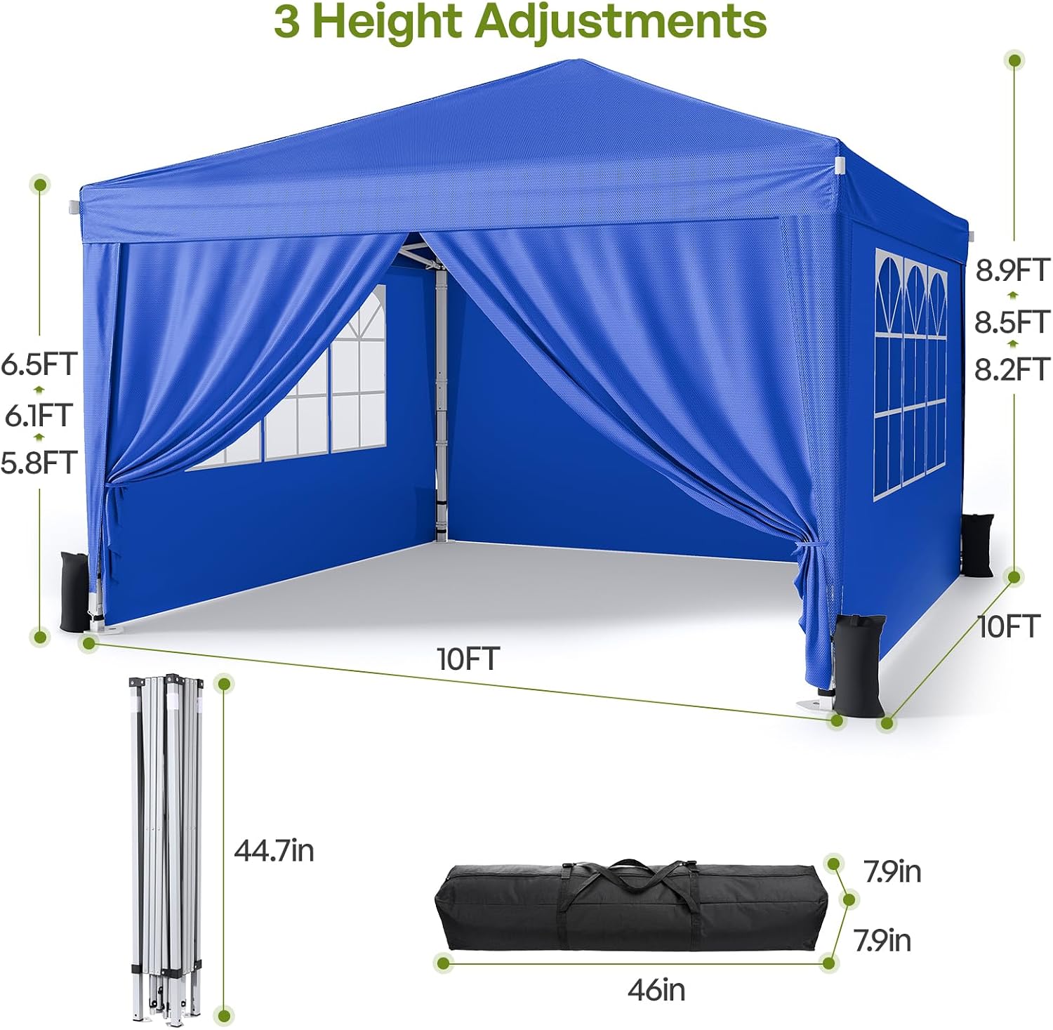 10x10 Pop Up Canopy Tent with Sidewalls. Portable Shelter.Blue | One-Push Center Lock. 3 Height Adjustments. Canopy Ten with Carry Bag for Backyard. Beach. Camping. Parties & Outdoor Events