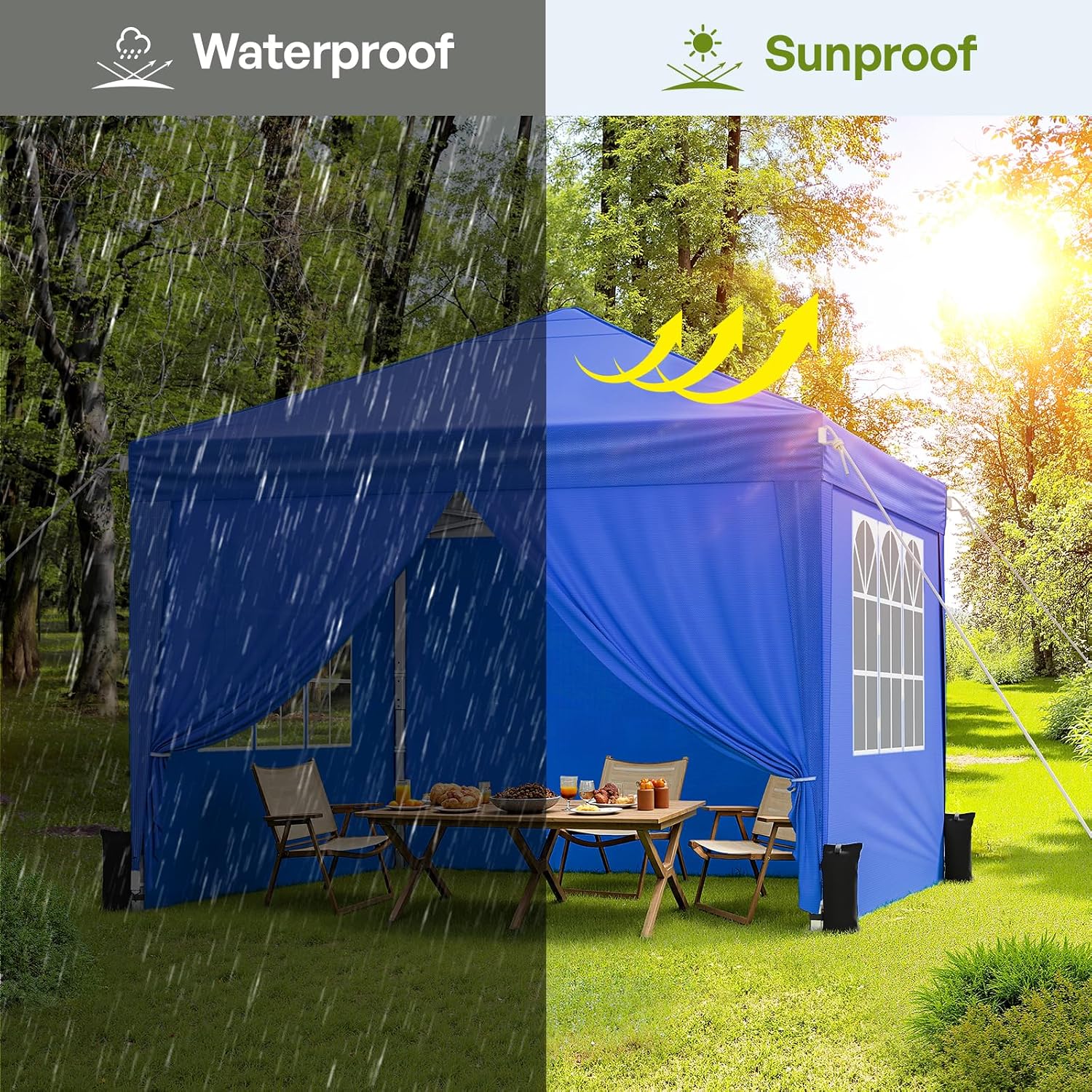 10x10 Pop Up Canopy Tent with Sidewalls. Portable Shelter.Blue | One-Push Center Lock. 3 Height Adjustments. Canopy Ten with Carry Bag for Backyard. Beach. Camping. Parties & Outdoor Events