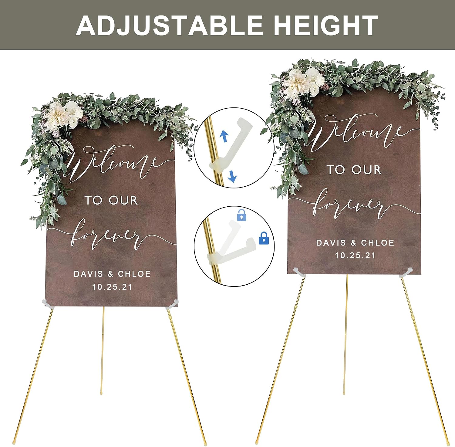 DANMO Easel Stand for Wedding Sign Poster 63'' Instant Display Easel for Floor Adjustable Metal Art Easel Gold 3 Pack