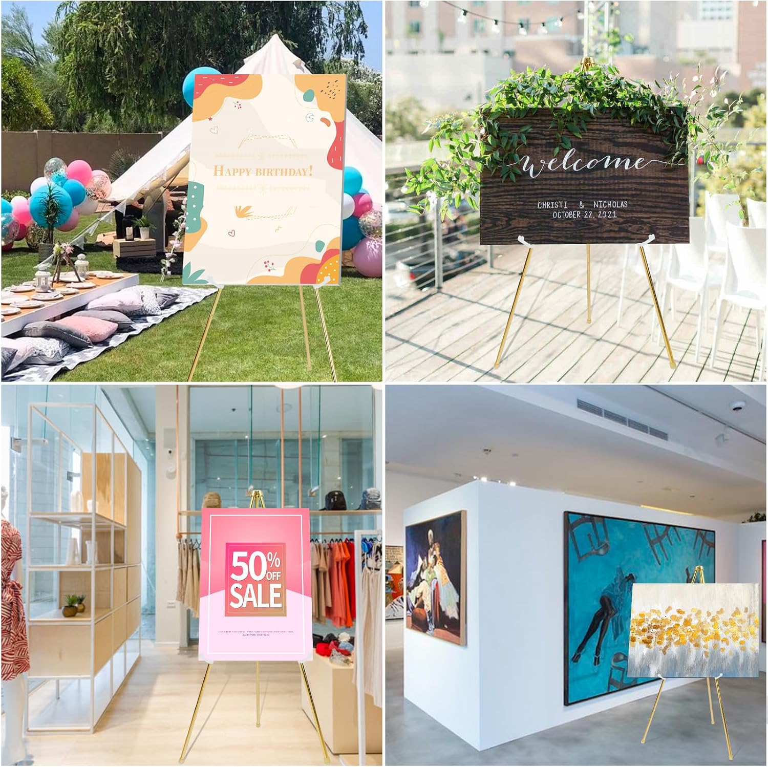 DANMO Easel Stand for Wedding Sign Poster 63'' Instant Display Easel for Floor Adjustable Metal Art Easel Gold 3 Pack