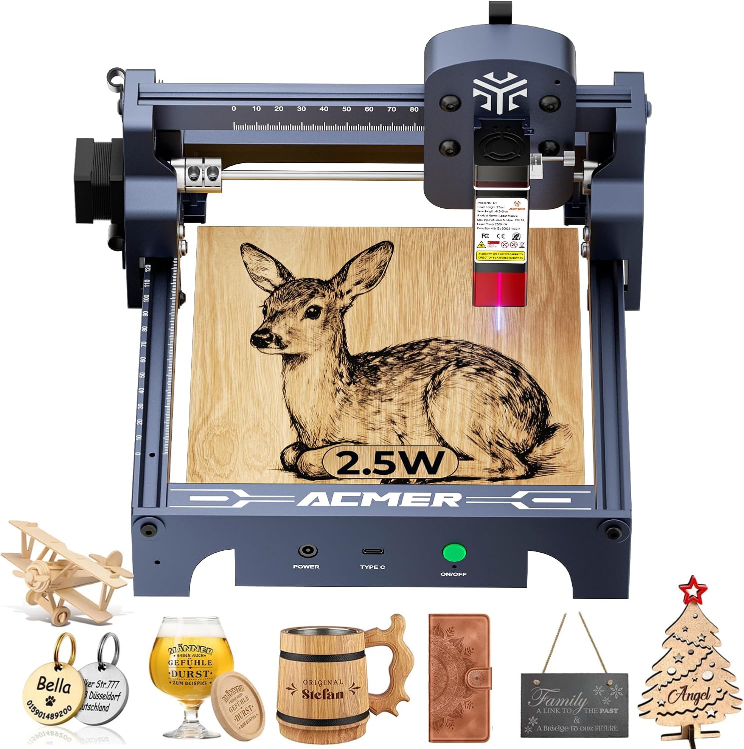 ACMER S1 Laser Engraver Machine. 2500mW Lazer Cutter for Wood and Acrylic | 130 x 130mm Working Area. Compact Desktop Design. Detailed Results for DIY Crafts and Small Projects