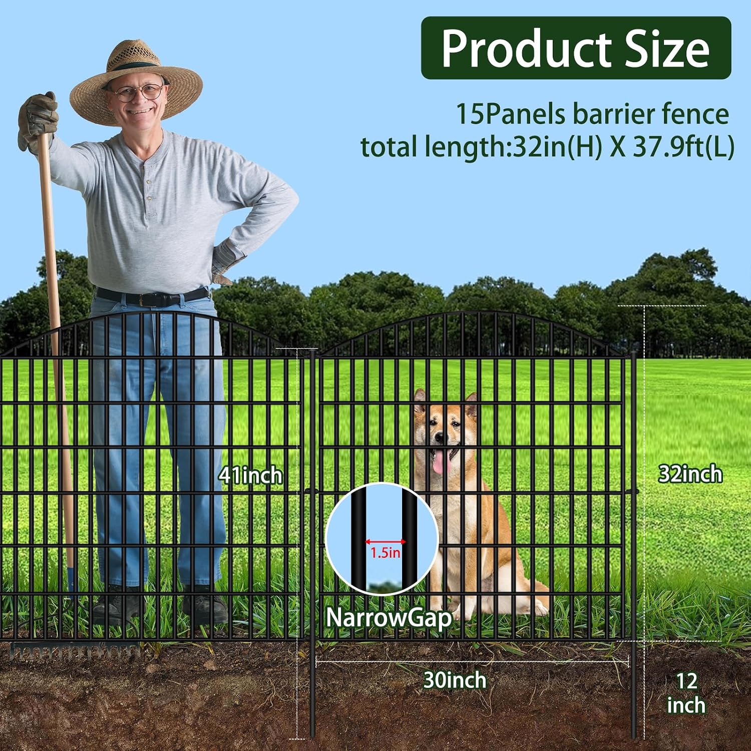 ULIOK 15 Panels Decorative Garden Fence. 32 in(H) X 37.9ft(L) No Dig Fence Panels Animal Barrier for Patio. Animal Ground Stakes Fencing for Garden. Rabbit Dog Temporary Fence for Outdoor Yard